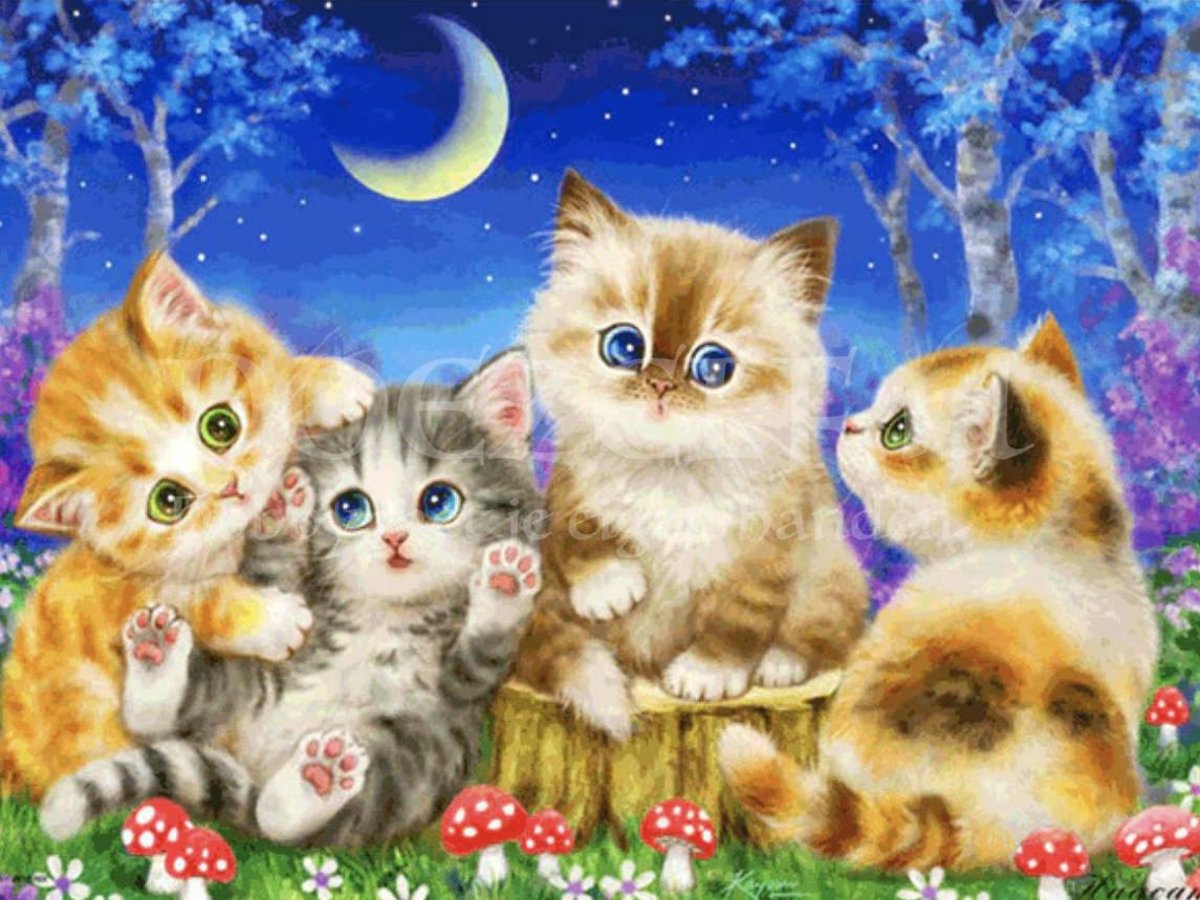 Diamond Painting Kittens met paddestoelen 30x40cm. (Volledige bedekking - Ronde steentjes) diamondpainting inclusief tools