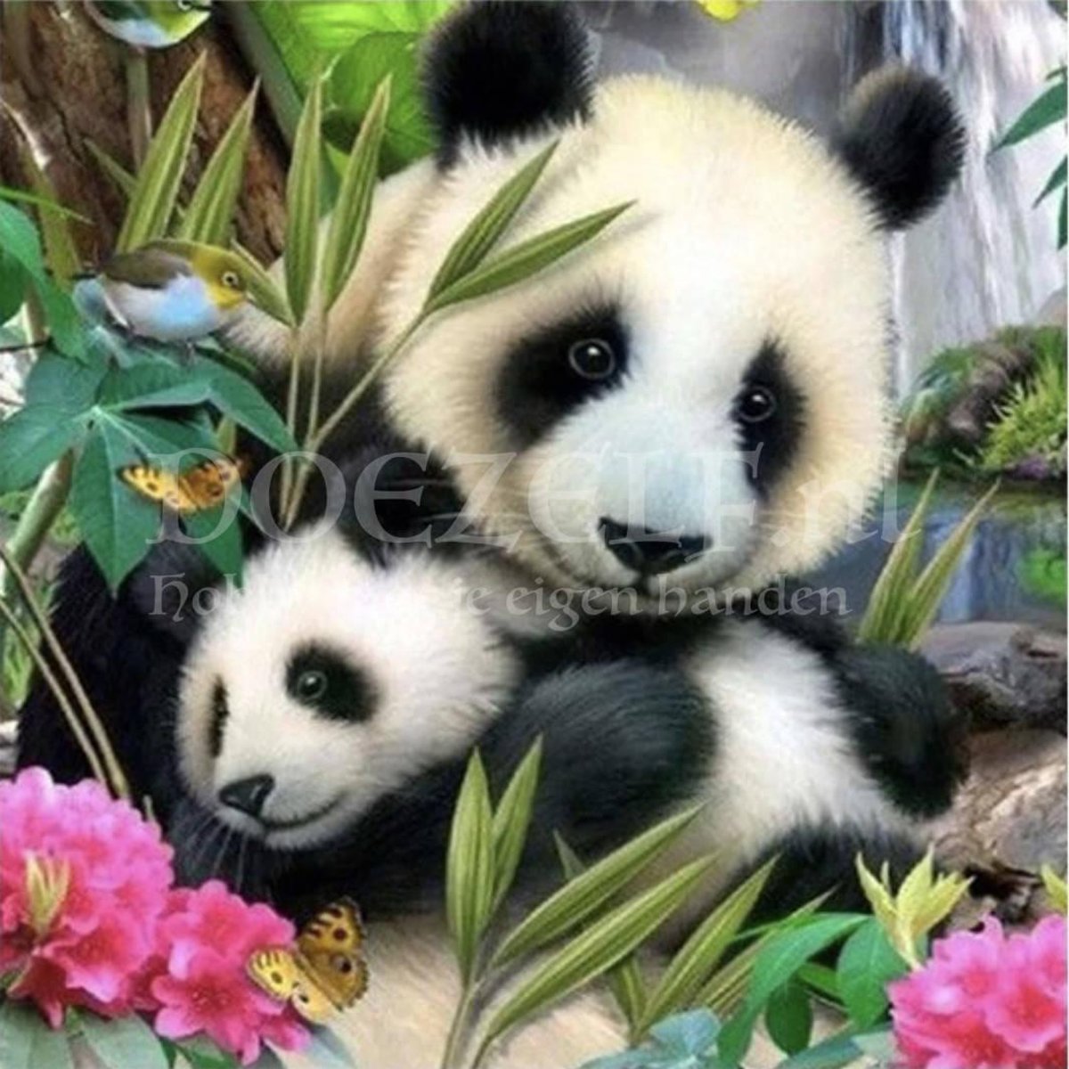 Diamond Painting Pandas tussen de bloemen 30x30cm. (Volledige bedekking - Vierkante steentjes) diamondpainting inclusief tools