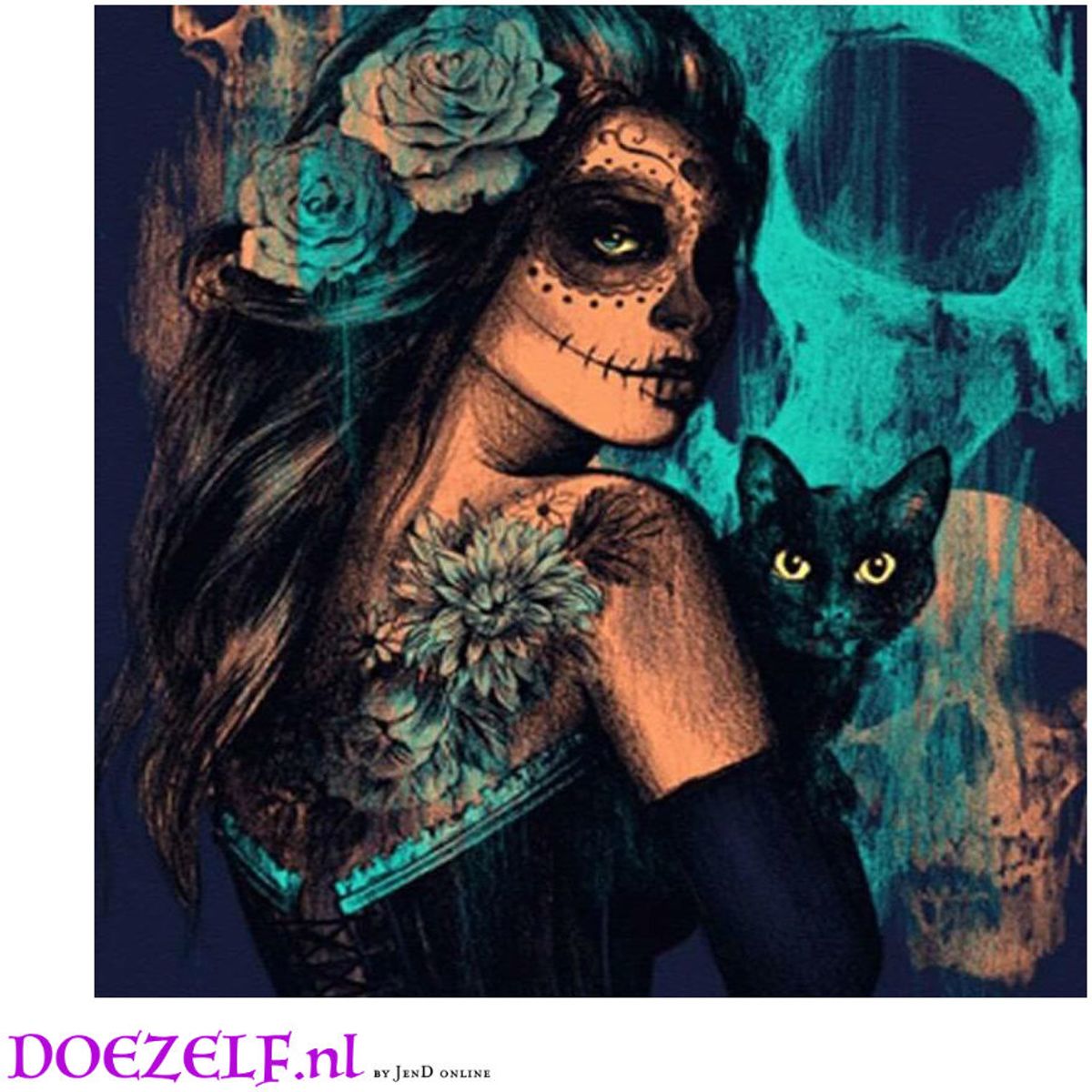 Diamond Painting Schattig Schedel vrouw met zwarte kat 30x30 (Volledige bedekking - Vierkante steentjes) skull diamondpainting