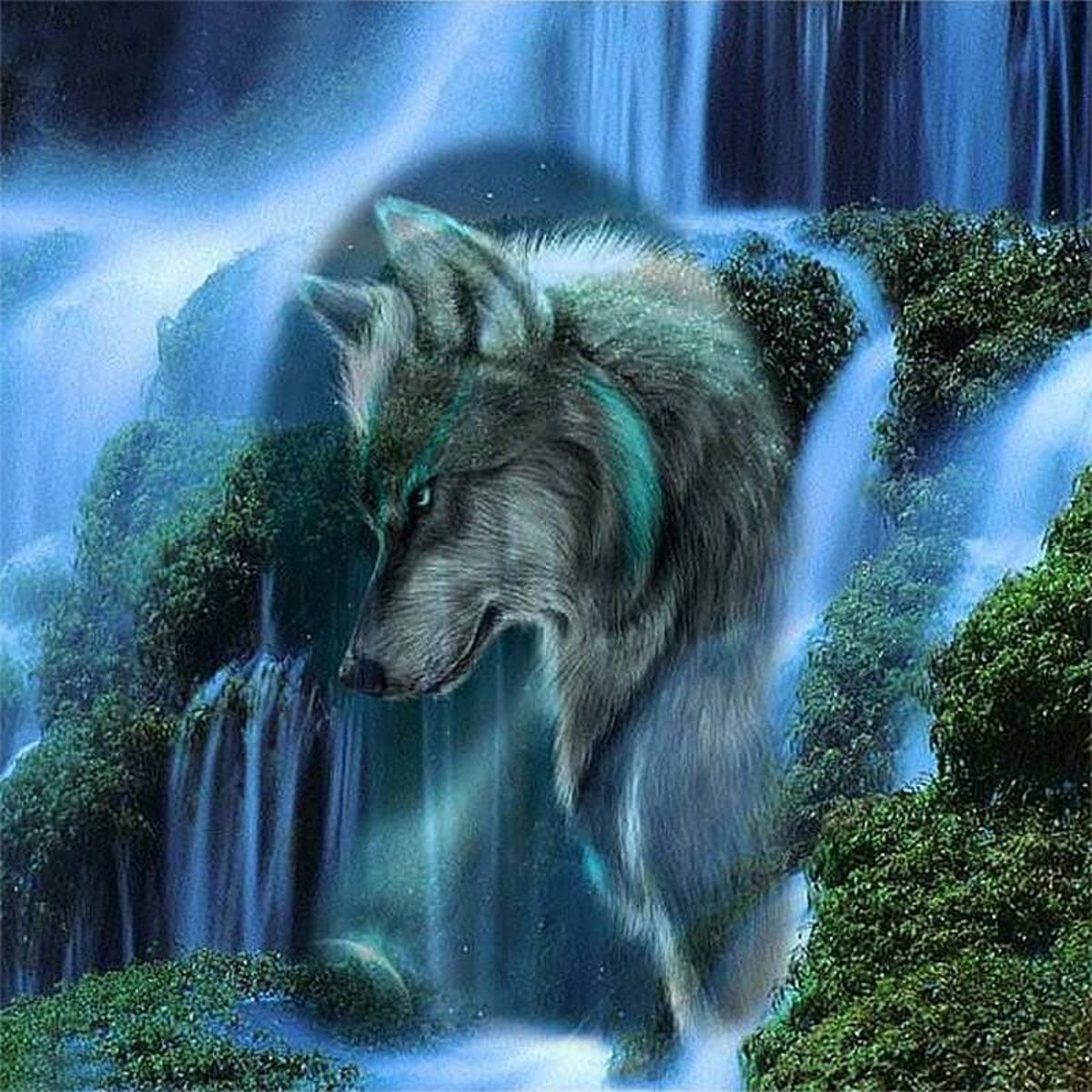 Diamond Painting Wolf met waterval 50x50cm. (Volledige bedekking - Vierkante steentjes) diamondpainting inclusief tools