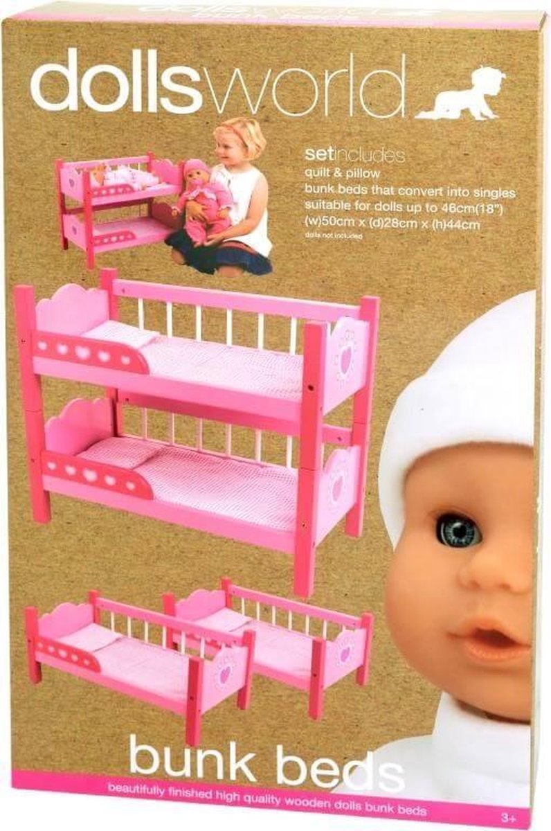 Dolls World 016-08612 Bunk bed - 2-in-1 Houten Stapelbed roze incl. dekentje en kussen