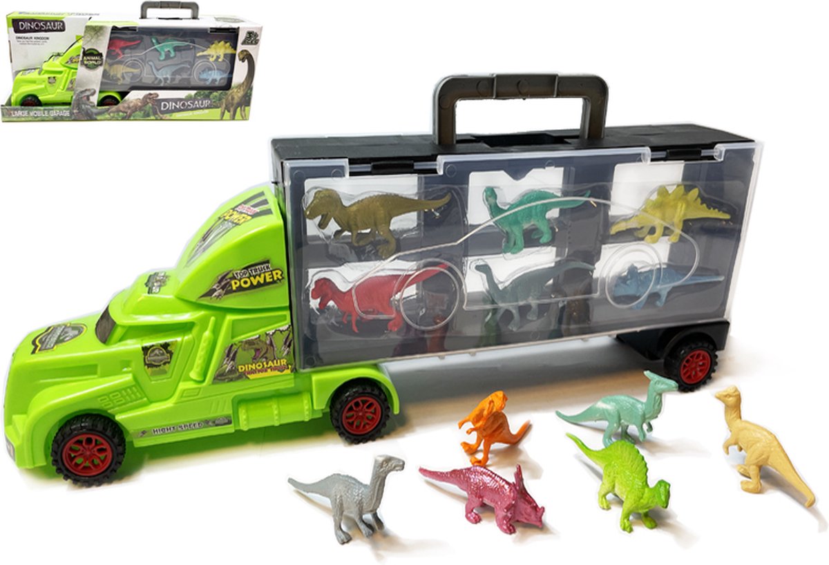 Dinosaurus vrachtwagen transporter truck - 12 in 1 Dino set koffer - Oplegger - 38.5cm