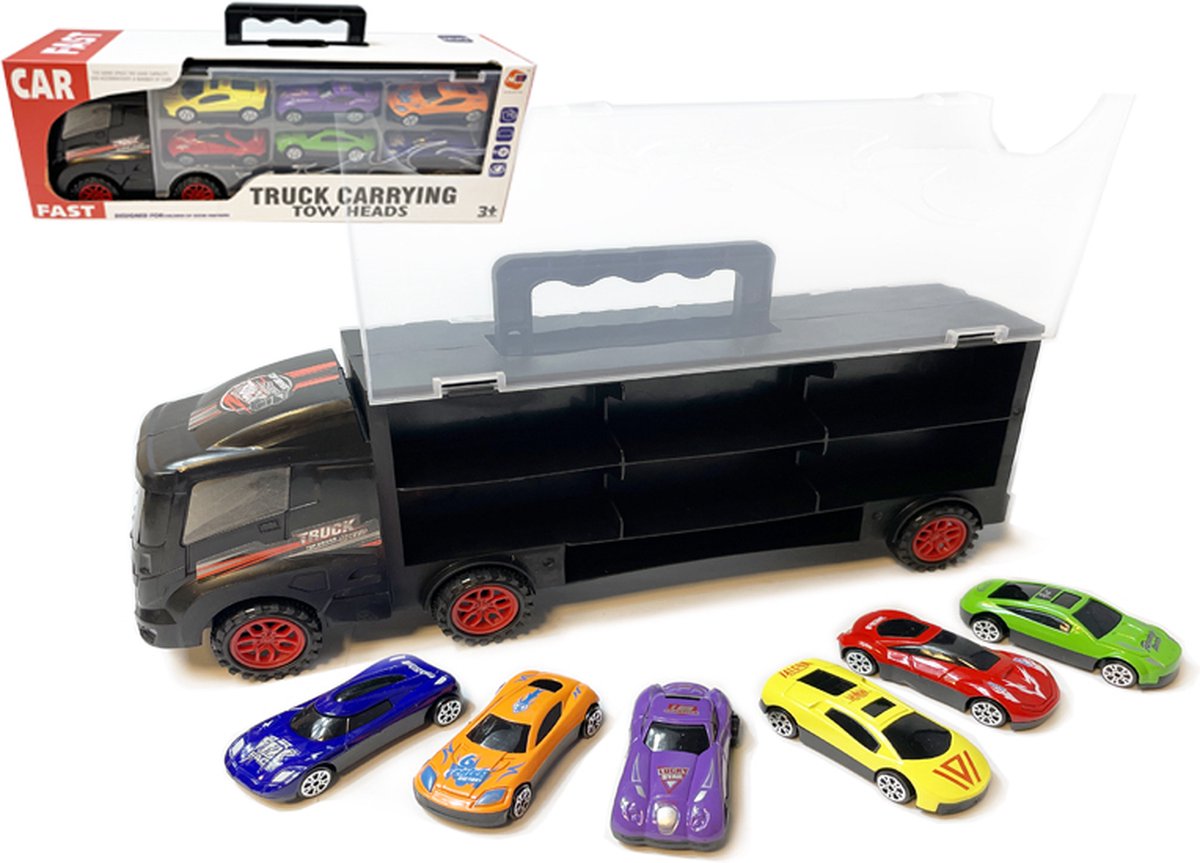 Vrachtwagen transporter truck - speelgoed mini autos - 6-delig set koffer - Oplegger voor 12 autos- 31cm