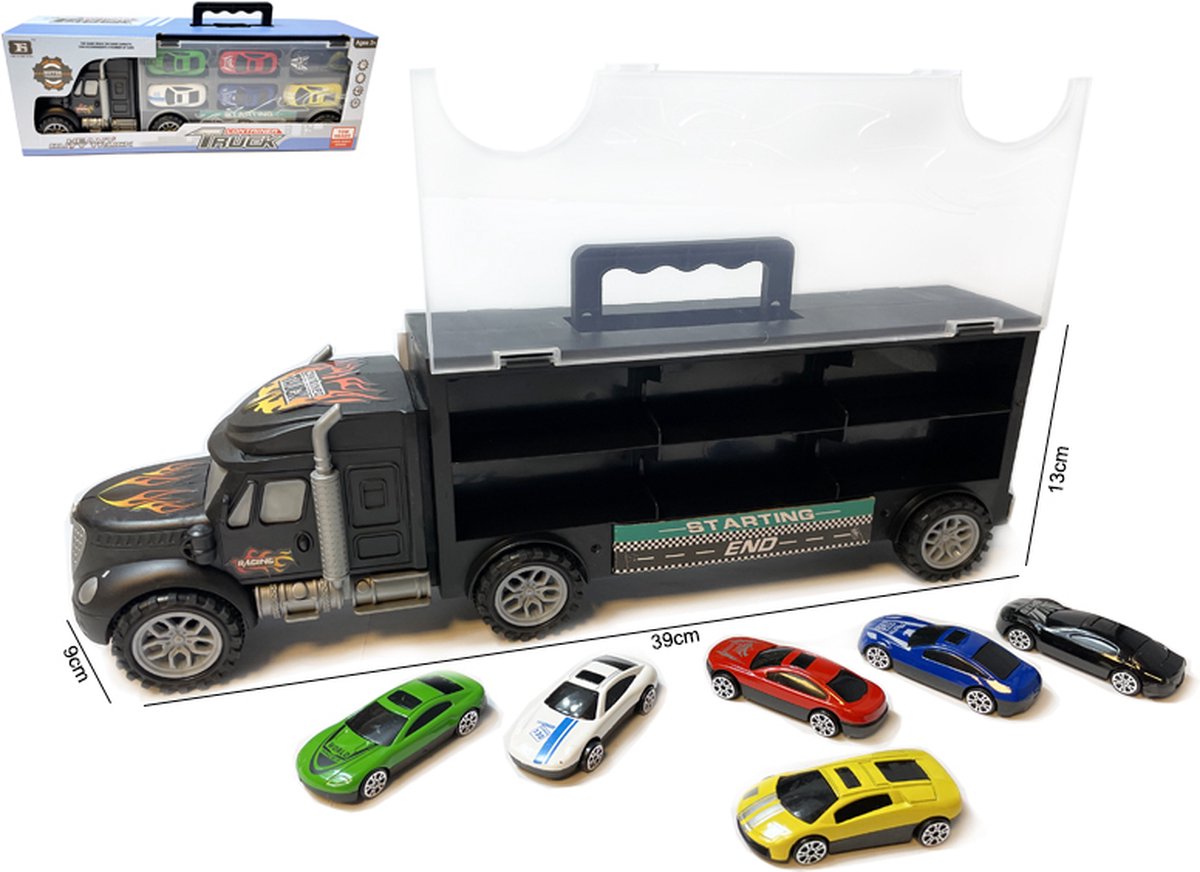 Vrachtwagen transporter truck - speelgoed mini autos - 6-delig set koffer - Oplegger voor 12 autos- 39CM