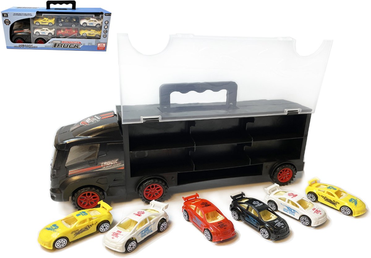 Vrachtwagen transporter truck - speelgoed mini autos - transporter 6-delig set koffer - Oplegger voor 12 autos- 30.5cm