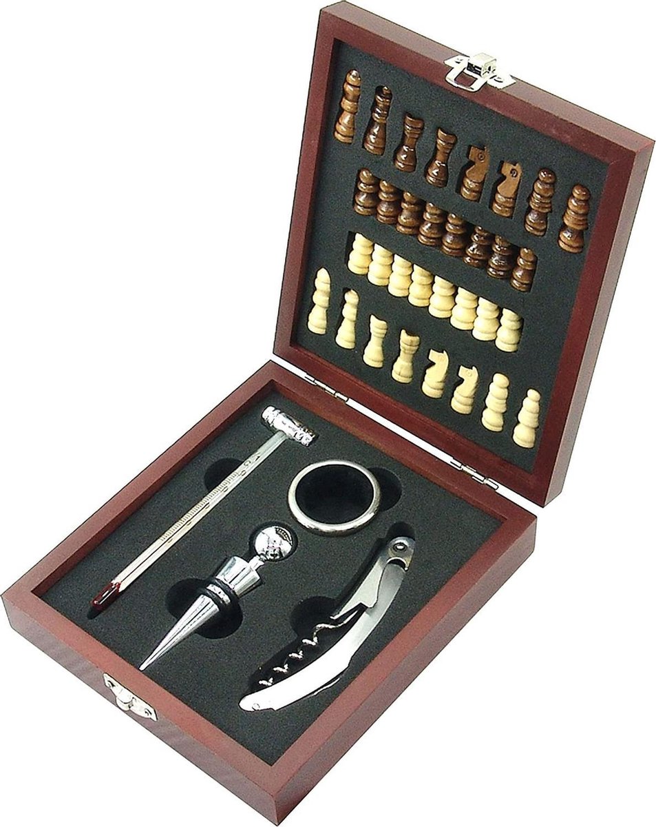 Doodadeals® Luxe Wijnset – Wijn Opener set – Wijn Geschenkset - Met Kelnersmes / Wijnring / Wijnstopper / Wijnthermometer – Met Schaakspel