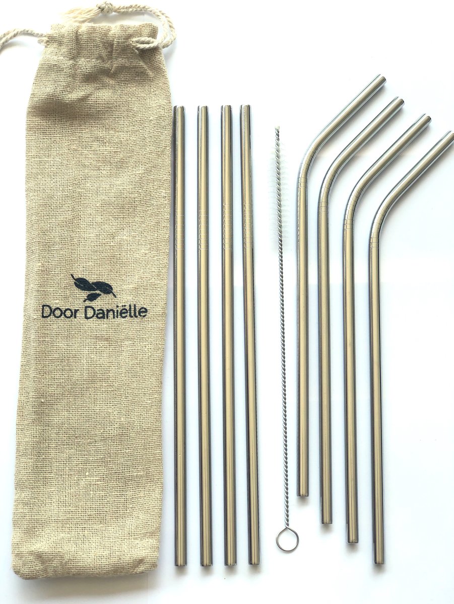 Door Daniëlle duurzame RVS Rietjes Zilver, set van 8 plus borstel, 4 recht + 4 gebogen