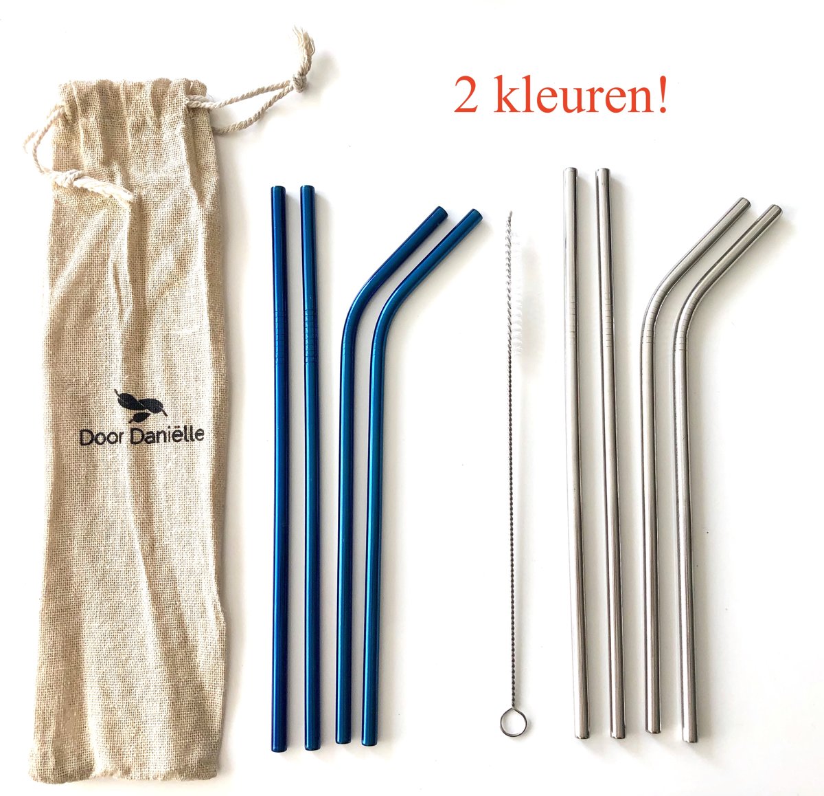 RVS herbruikbare drinkrietjes 2 kleuren-Duurzaam-Metalen rietjes-ijzeren rietjes-Blauw en Zilver- 8 stuks + borsteltje