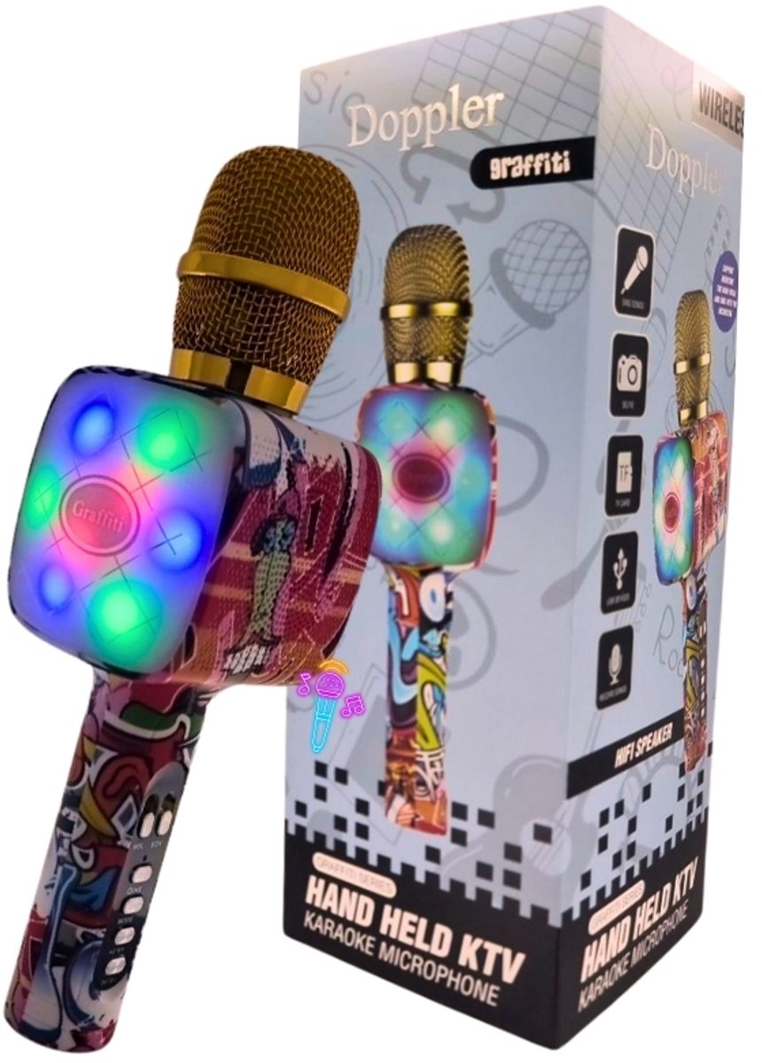   Graffiti Karaoke Microfoon – Bluetooth & Bedraad – Stemvervorming, Opnamefunctie & RGB Verlichting – 5W Speaker