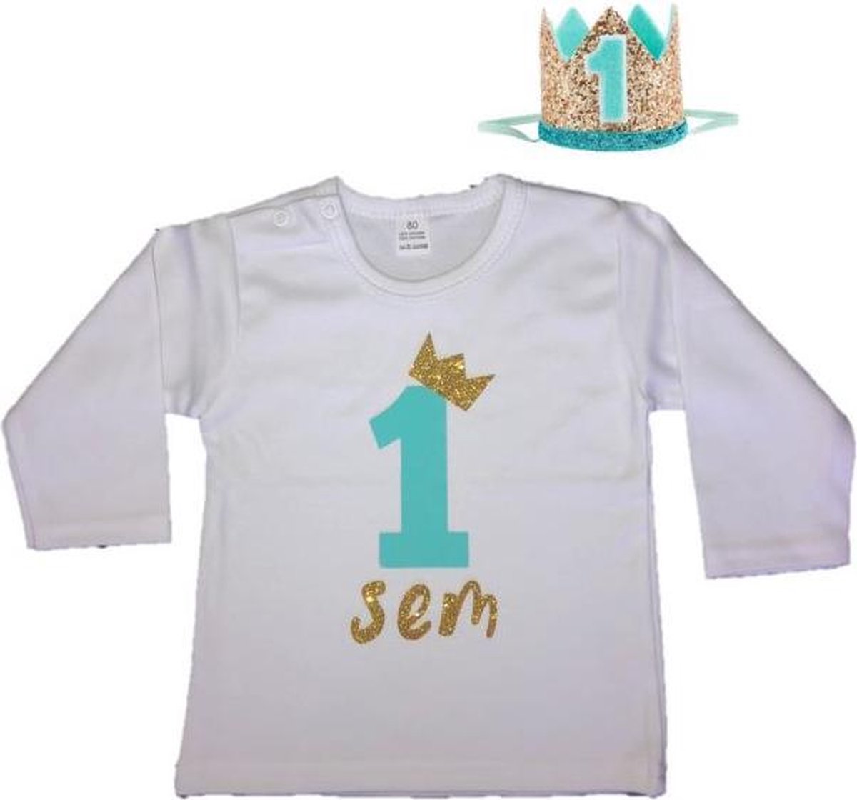 Jongensshirt, eigen naam, haarkroon, mint/goud, 1 jaar