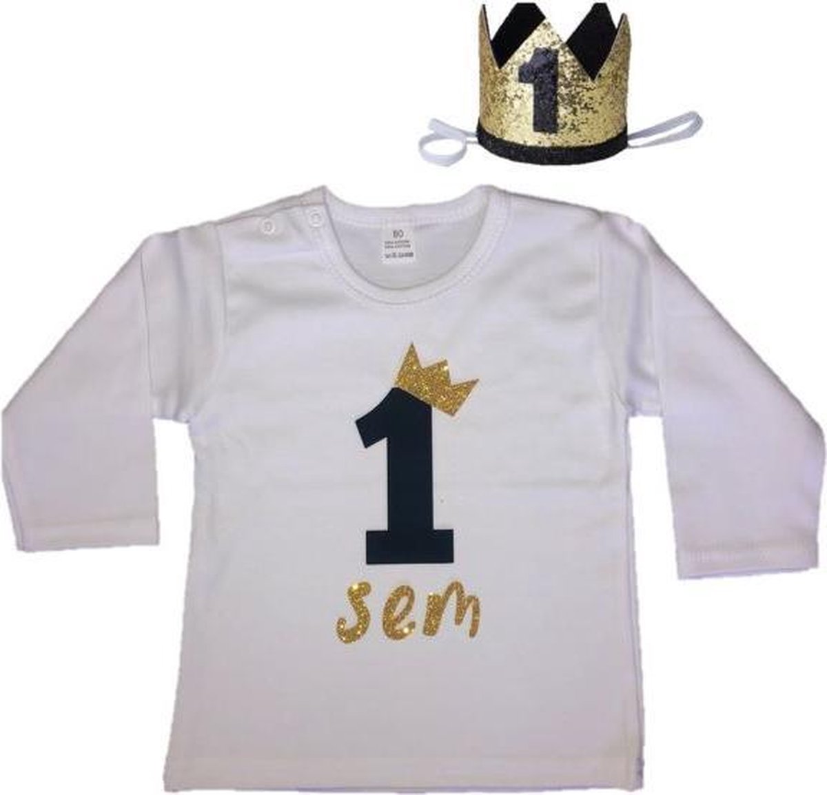 Jongensshirt, verjaardag, 1 jaar, eigen naam, haarkroon, zwart/goud