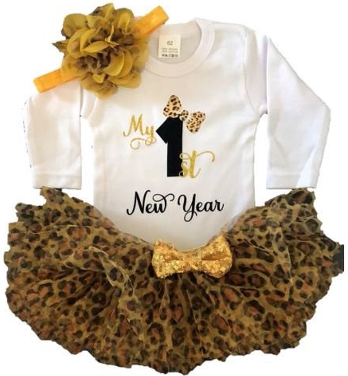 New Year set, first New Year, baby, romper, tutu, luipaard, eerste nieuwjaar (mt 62)