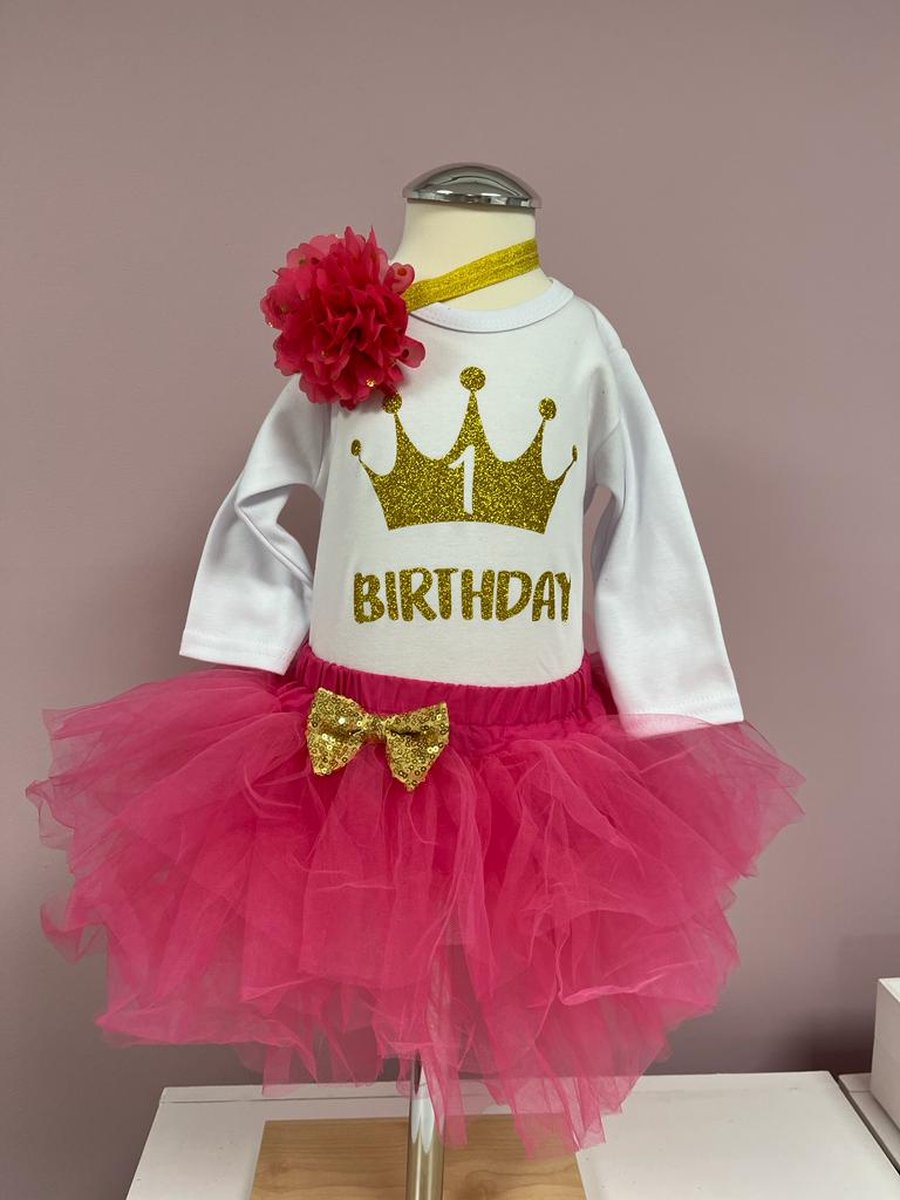 Verjaardag outfit-verjaardag setje-verjaardag jurk-kleedje-1 jaar-eerste verjaardag-one-meisje-cakesmash-girl-fotoshoot-tutu-pink-kinderverjaardag-jarig-set Denise (mt 86)