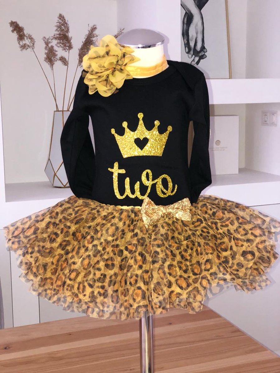 Verjaardag setje-verjaardag outfit-tweede verjaardag-2 jaar-verjaardag jurk-leopard-themafeest-kleedje-luipaard print-two-jarig-meisje-tutu-girl-set Ester (mt 86)