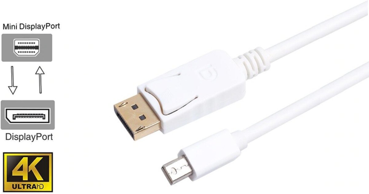 DrPhone - Mini DP naar DP Video Kabel V1.2 - 1.8 Meter - Mini Display Port Kabel Thunderbolt Displayport voor o.a. Macbook - Wit