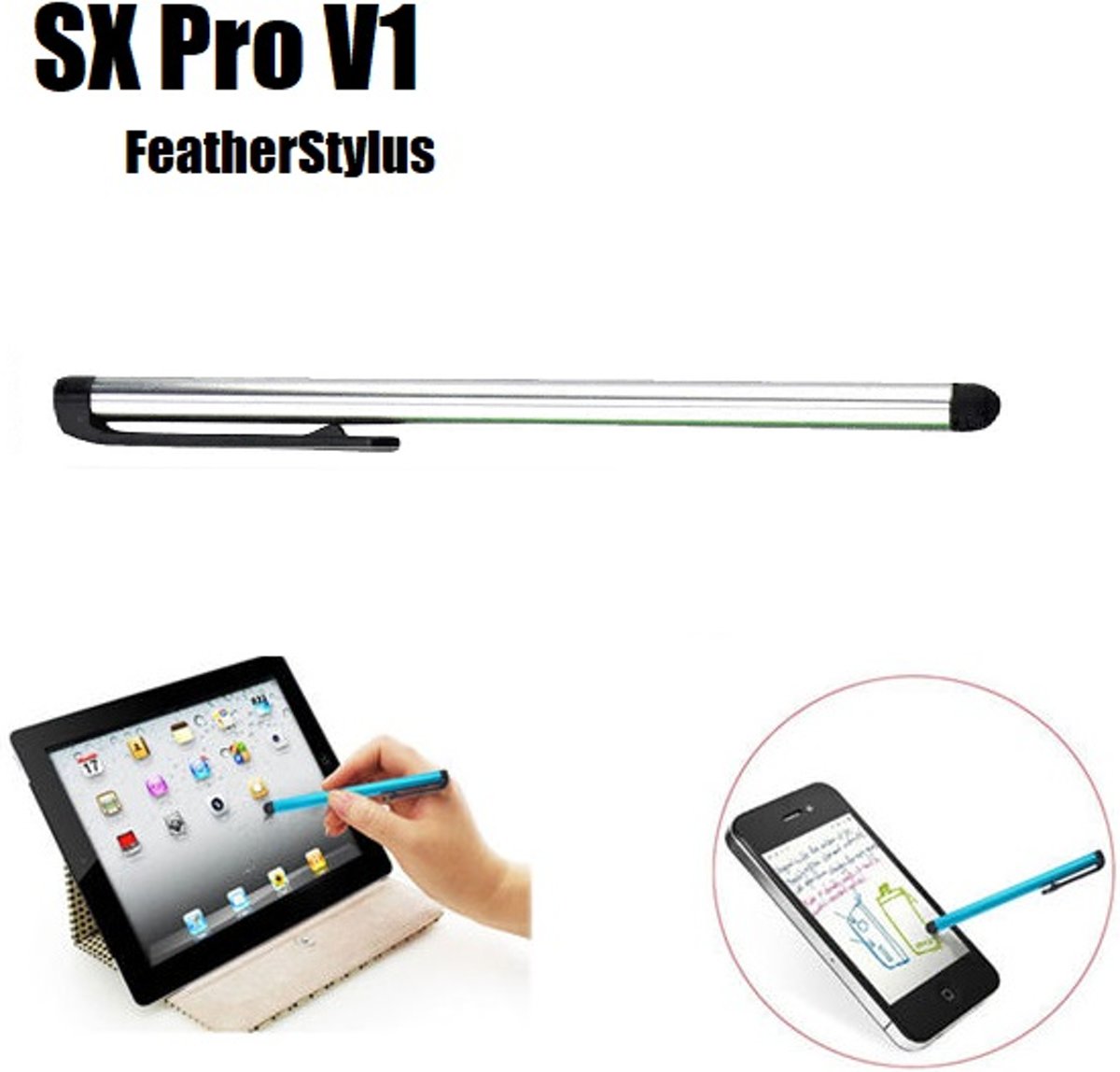 DrPhone - SX Pro V1 Universele Lightweight Feather Stylus Pen met clip - Geschikt voor Tablets en Smartphones - Universeel - Zilver