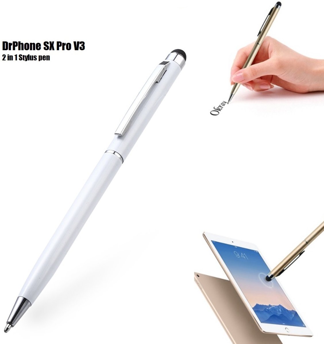 DrPhone - SX Pro V3 Universele 2 in 1 Stylus Pen Met Clip - Balpen - Schrijfpen Zwart - Geschikt voor Tablets (Vb. Apple iPad) en Smartphones - Universeel Wit