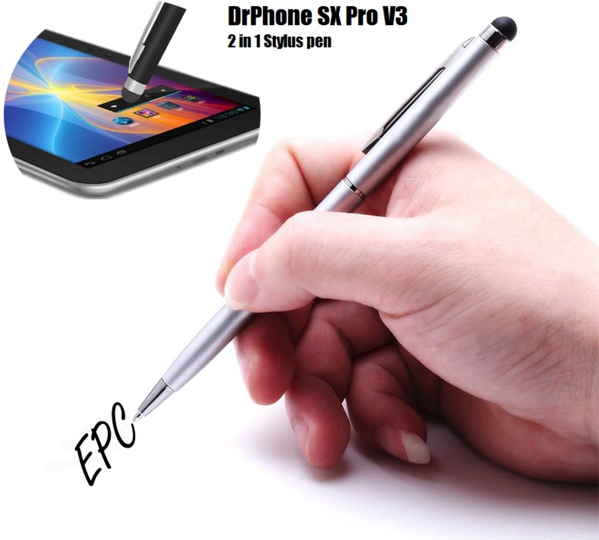 DrPhone - SX Pro V3 Universele 2 in 1 Stylus Pen Met Clip - Balpen - Schrijfpen Zwart - Geschikt voor Tablets en Smartphones - Universeel Zilver