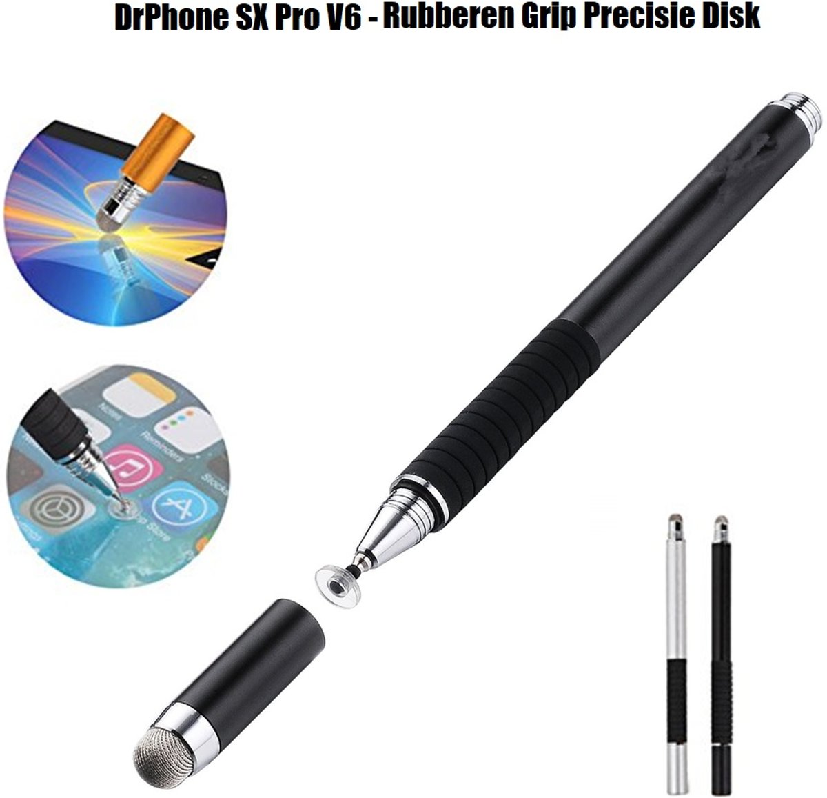 DrPhone - SX Pro V6 Stylus Pen Side Grip - Precision Disc Capacitief - o.a. voor Tablets / Telefoons  Apple iPhone / Samsung Galaxy Tab S4 / S4 10.5 / iPad 2018 / Pro 11  / Samsung Note 9 / Samsung Tab E 9.6 / Tab A 10.5  / M5  - Universeel - Zwart