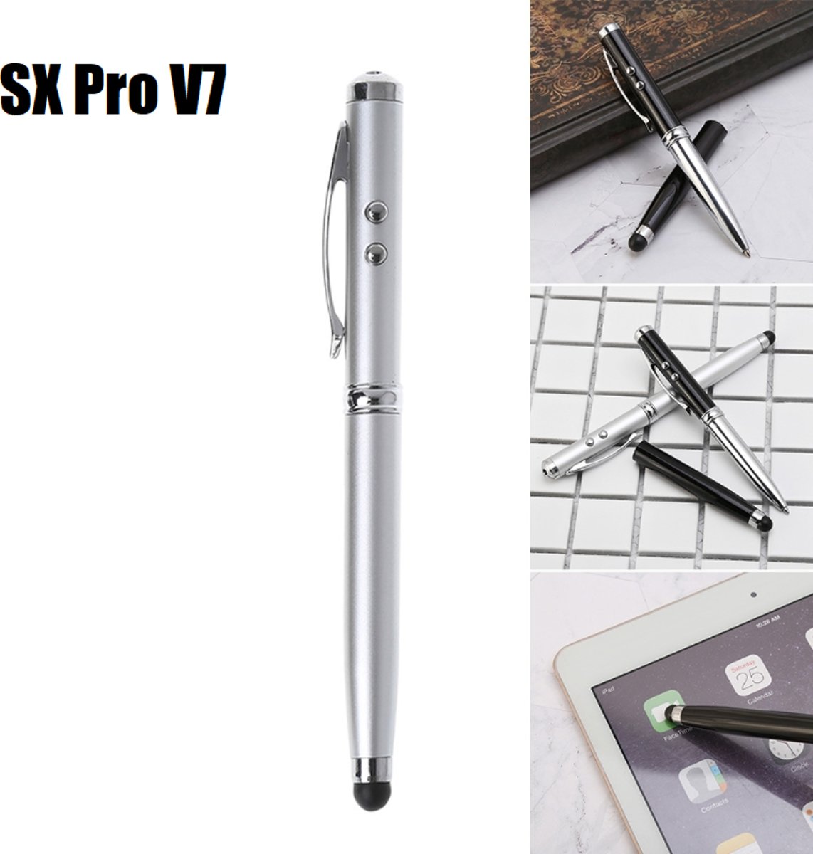 DrPhone - SX Pro V7 Universele Laser Stylus - 4 in 1 Stylus Pen - Balpen, Led lamp, Laserpointer, Stylus pen - Geschikt voor Tablets en Smartphones - Handig tijdens presentaties - Zilver