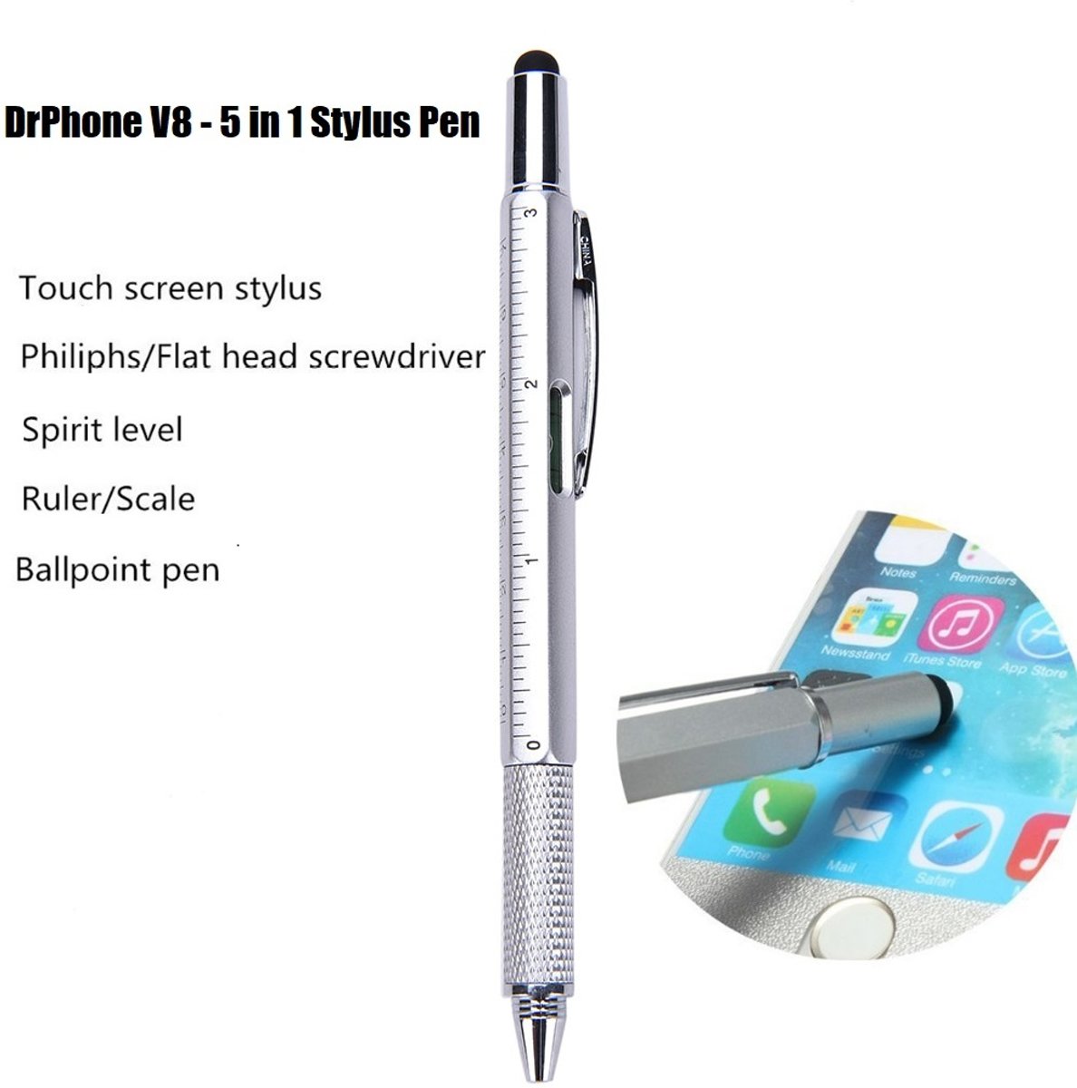 DrPhone - SX Pro V8 - 5 in 1 Stylus Pen - Balpen - Waterpas - Philips Schroevendraaier - Liniaal - Stylus Pen - Geschikt voor Tablets en Smartphones zoals Apple iPhone / Samsung Galaxy / iPad 2018 / Air / Samsung Tab 10.1 / 9.6 - Universeel - Zilver