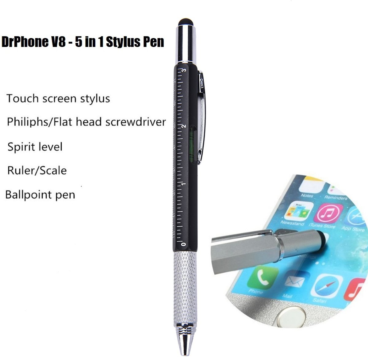 DrPhone - SX Pro V8 - 5 in 1 Stylus Pen - Balpen - Waterpas - Philips Schroevendraaier - Liniaal - Stylus Pen - Geschikt voor Tablets en Smartphones zoals Apple iPhone / Samsung Galaxy / iPad 2018 / Air / Samsung Tab 10.1 / 9.6 - Universeel - Zwart