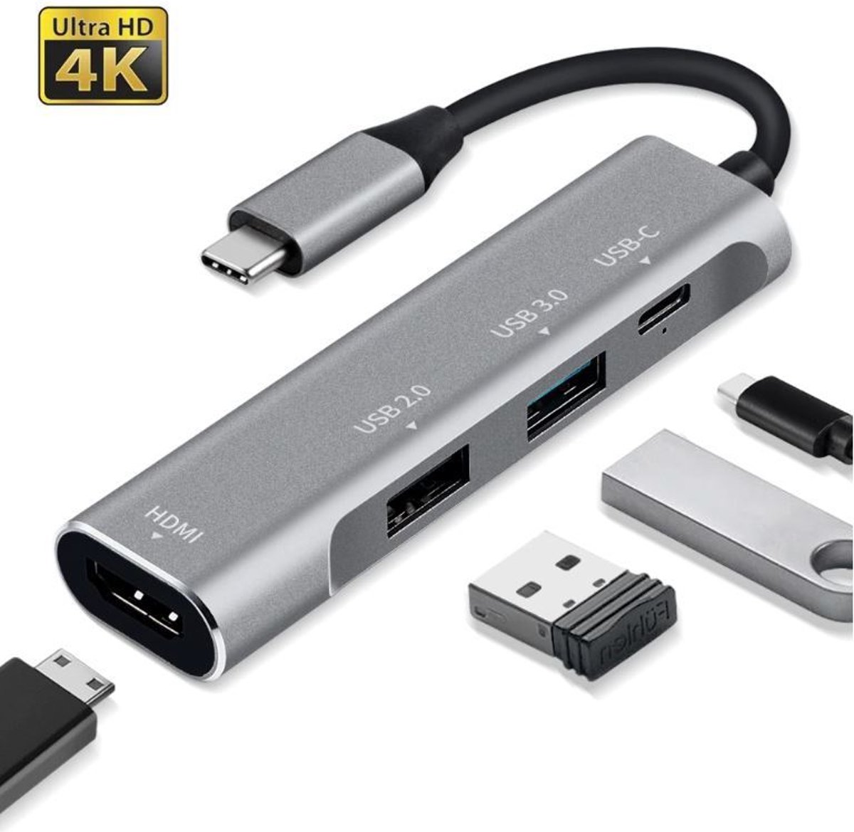 DrPhone 4 in 1 USB C-hub – USB Type C 3.1 naar 4K HDMI-adapter – USB-C naar Multipoort Dock HDMI/USB 3.0/USB 2.0/80W USBC PD poort voor MacBook/Pro / Dell XPS / HP Spectre / Lenovo / Chromebook – Grijs