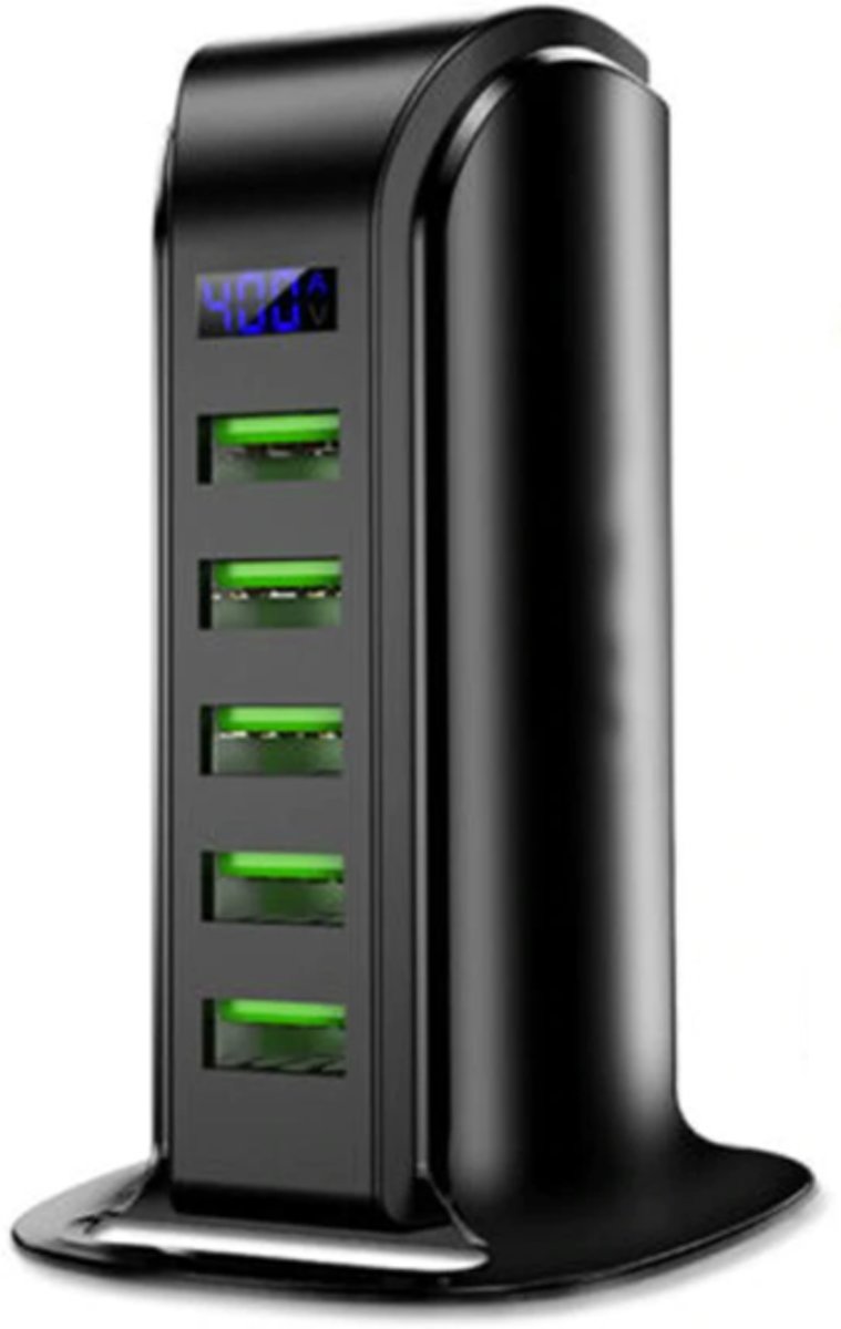 DrPhone 5 Poorten Laadstation USB HUB met Digitale LED Display - Zwart