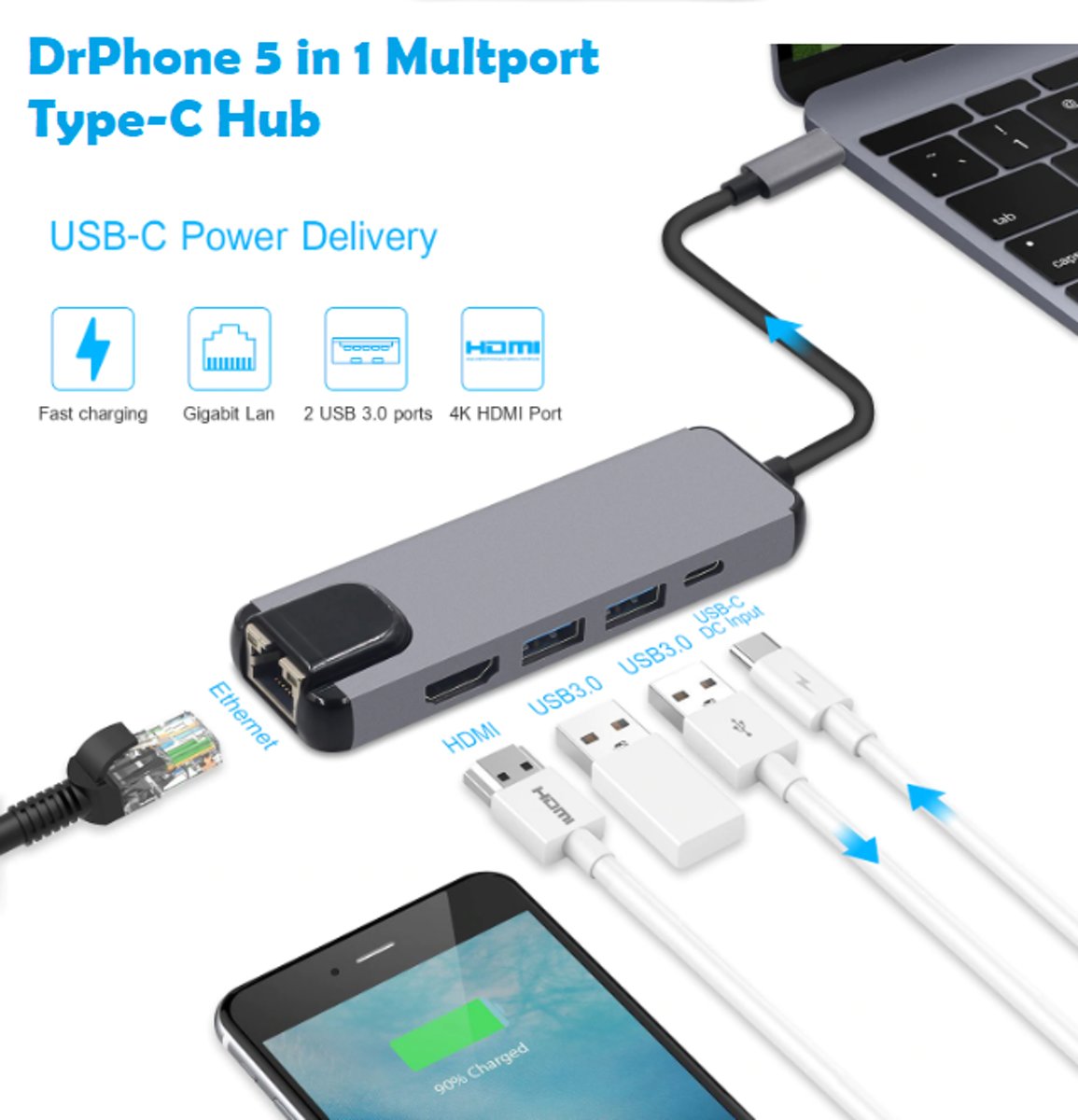 DrPhone 5 in 1 Multiport Type-C Hub – 1x Hdmi 4K - 1x Gigabit(1000M) Ethernet Rj45 LAN Adapter – 2 x USB 3.0 (5Gbp/s ) poorten & 1x USB C Power delivery poort - Thunderbolt 3 USB-C Charger poort – Grijs/Zilver