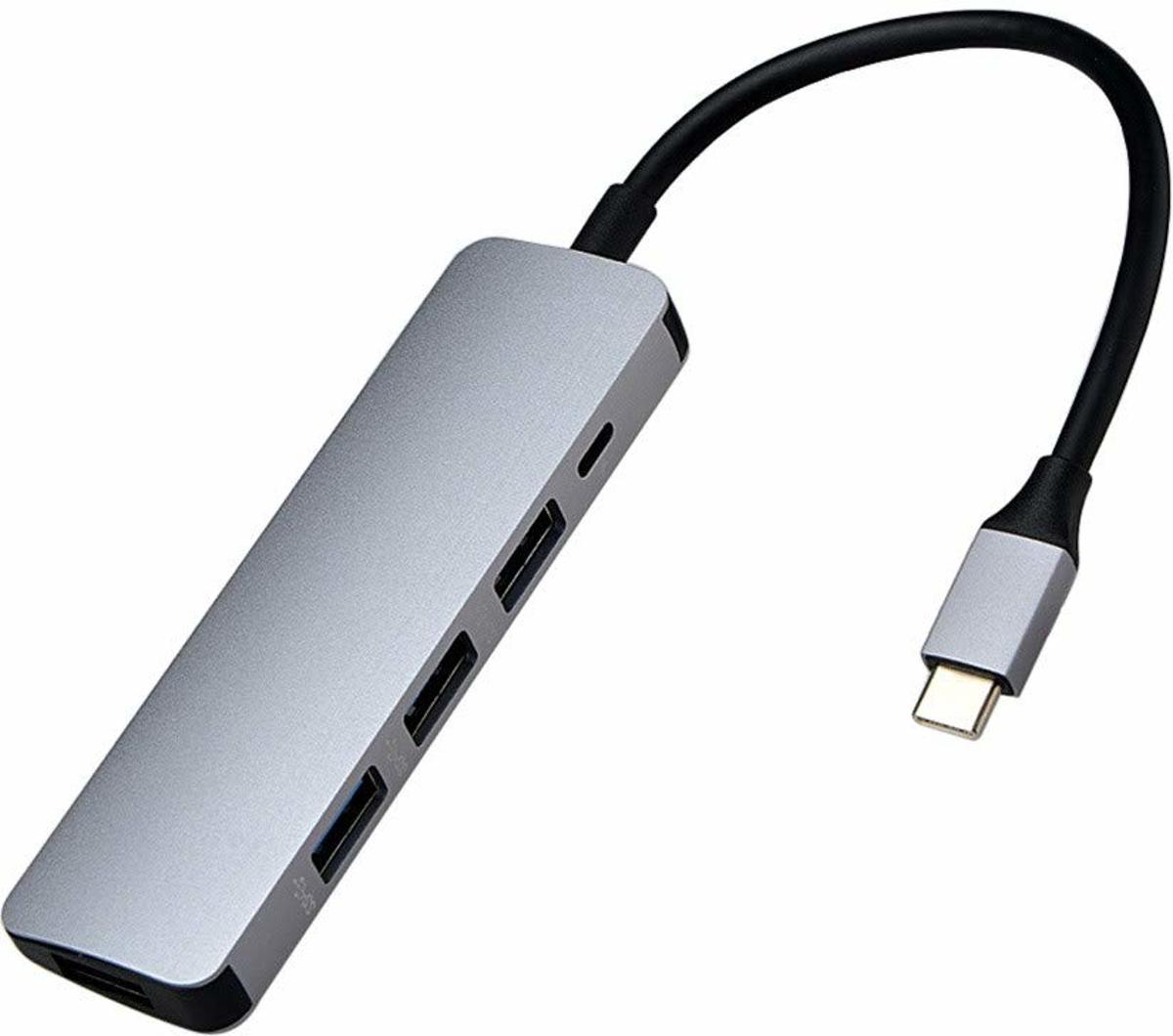 DrPhone 5in1 USB-C naar USB 3.0 + Micro-USB – HUB – Adapter – Aluminium – Computer Accessoire –  4x USB 3.0 + 1x Micro USB – Grijs