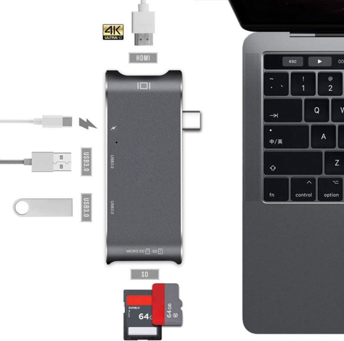 DrPhone 6-in-1 Type-C Hub - USB-C Thunderbolt3 (40 Gb) /USB-C(5 Gb) naar 4K HDMI, 2 USB 3.0-poorten/SD/Micro SD-kaartlezer & USB-C Power Delivery(PD-opladen) – Space Gray