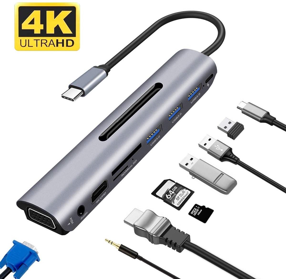 DrPhone 9 in 1 USB-C Hub met VGA - PD Power Delivery - 4K HDMI - 3 USB 3.0 - SD / TF-kaartlezer & Audiopoort