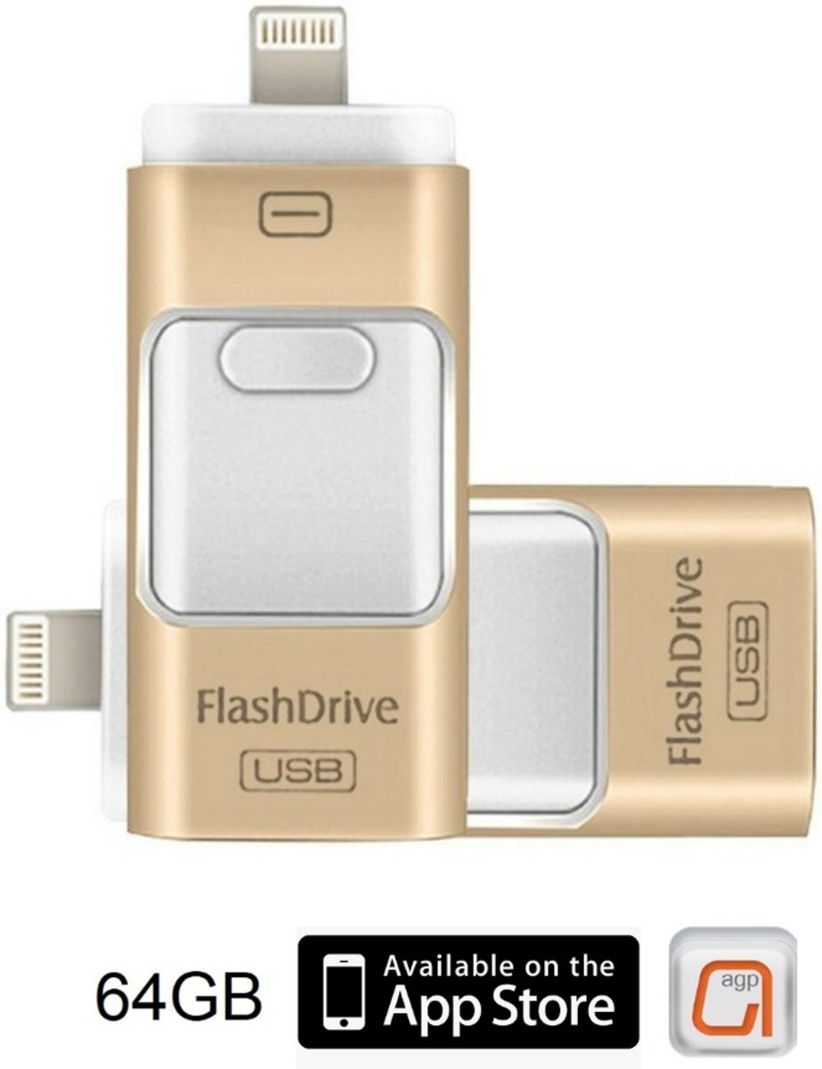 DrPhone Flashdrive 64 GB USB Stick iPhone / iPad / Samsung USB Stick - Micro USB Naar USB Type A - Geheugenstick Data Transfer -  Geschikt voor Android  / Apple  / Mac / Windows - Overzetten bestanden - Plug & Play + Extra Opslag - Goud