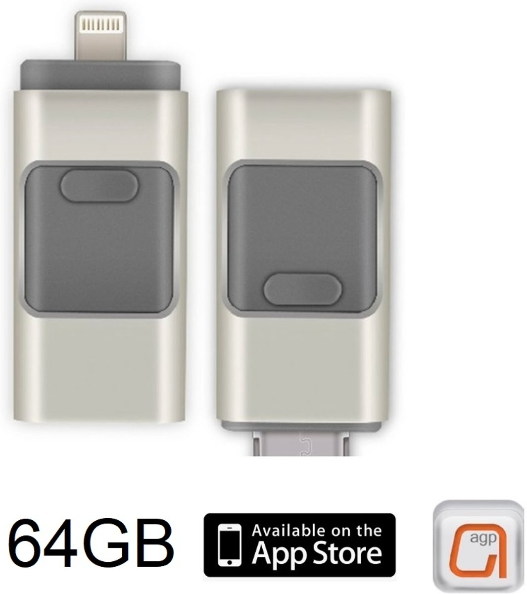 DrPhone Flashdrive 64 GB USB Stick iPhone / iPad / Samsung USB Stick - Micro USB Naar USB Type A - Geheugenstick Data Transfer -  Geschikt voor Android  / Apple  / Mac / Windows - Overzetten bestanden - Plug & Play + Extra Opslag - Zilver