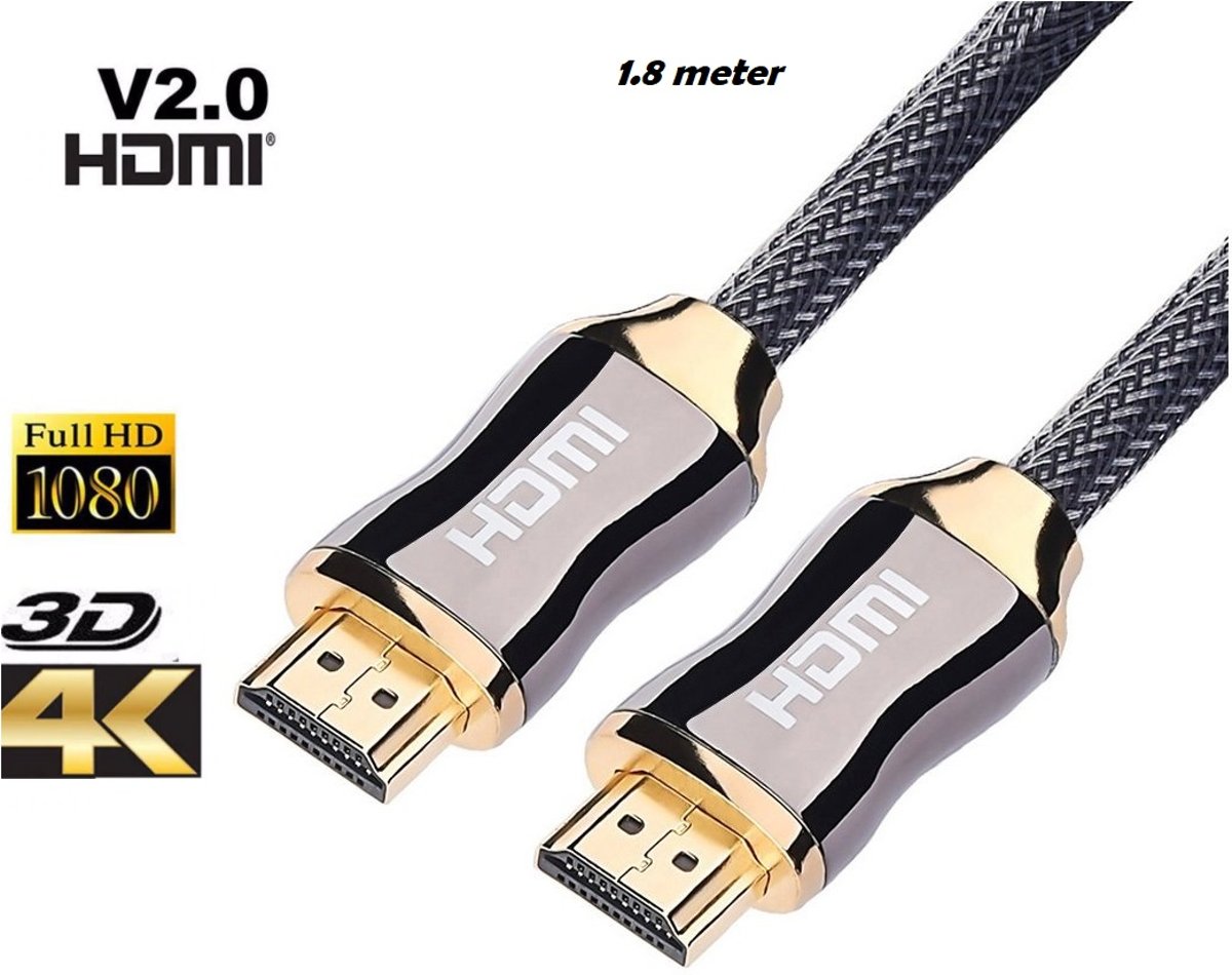 DrPhone HDMI Kabel 2.0 Gevlochten Gold Plated - High Speed Cable - 18GBPS - Full HD 1080p - 3D - 4K (60 Hz)- Ethernet - Audio Return Channel - HDMI naar HDMI - Male to Male - Voor TV - Laptop - Tablet - PC - Beeldscherm – Beamer - Playstation - 1.8m