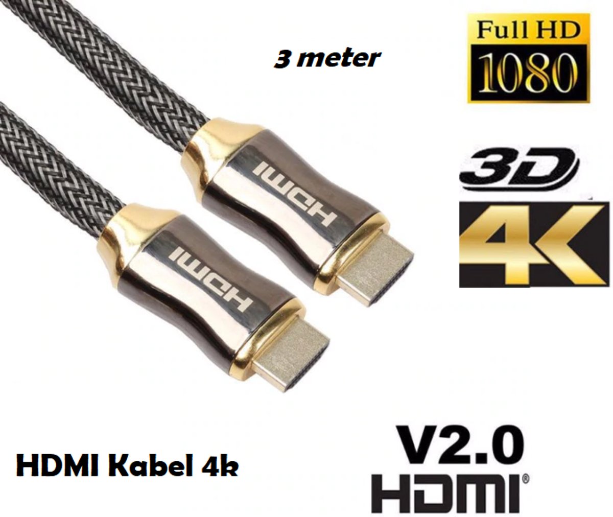 DrPhone HDMI Kabel 2.0 Gevlochten Gold Plated - High Speed Cable - 18GBPS - Full HD 1080p - 3D - 4K (60 Hz)- Ethernet - Audio Return Channel - HDMI naar HDMI - Male to Male - Voor TV - Laptop - Tablet - PC - Beeldscherm – Beamer - Playstation - 3M