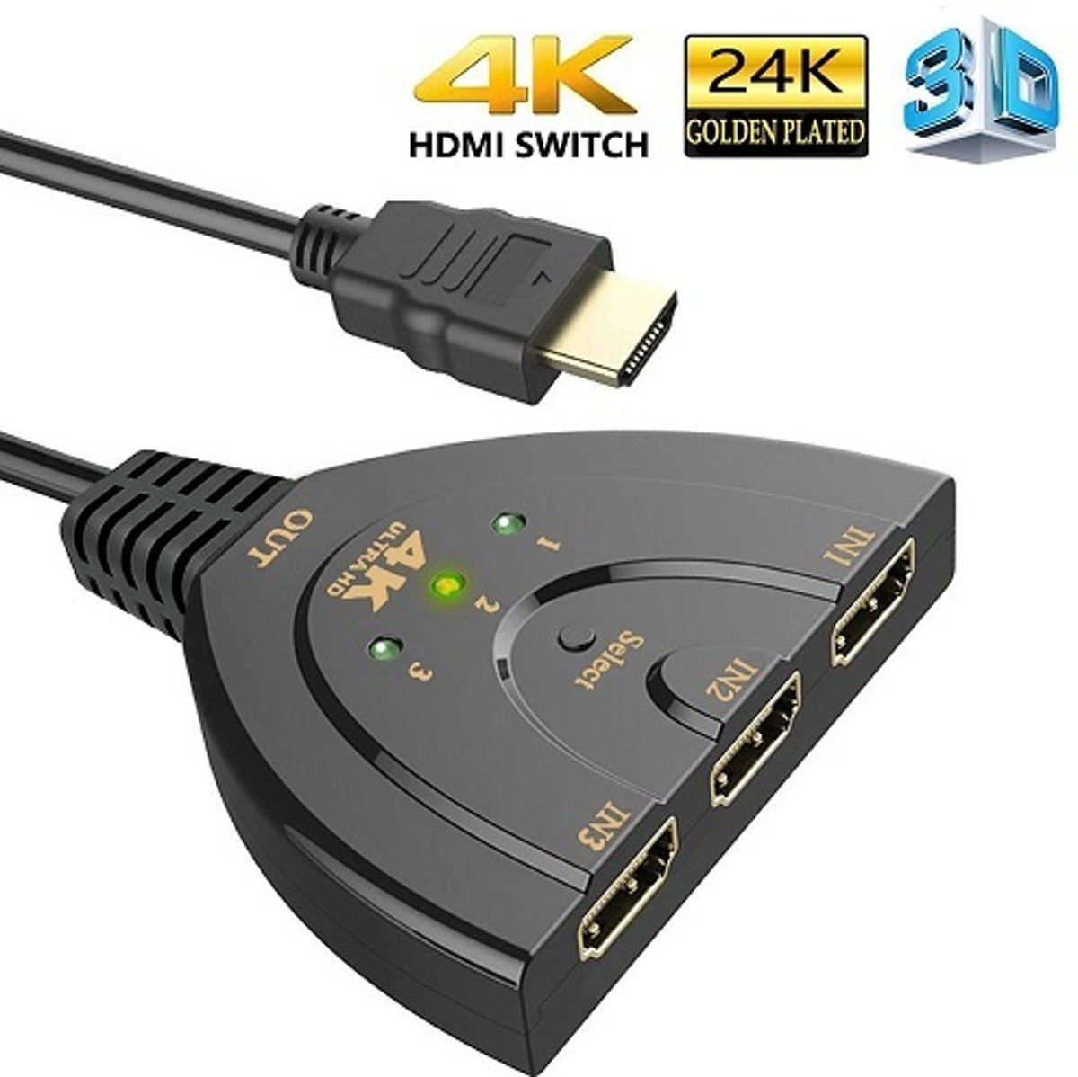 DrPhone HDMI-switch Splitter met Pigtail kabel - 3-poorten 4Kx2K HDMI-switch - 3-in-1-out met high-speed -ondersteunt Full HD 4K 1080P 3D-speler - Zwart