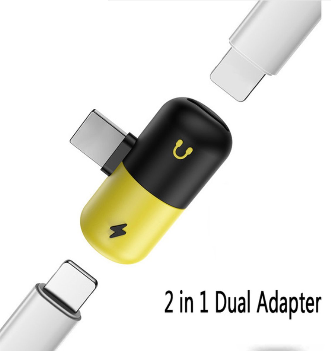 DrPhone Lightning Splitter Jack Pill Adapter - 2-in-1 Lightning Splitter Adapter voor o.a iPhone 7/8 / X / XS/XS MAX / 7 Plus / 8 Plus – 2 in 1 Audio & Opladen– Ondersteunt iOS 10.3, iOS11 en hoger- (Zwart+ Geel)