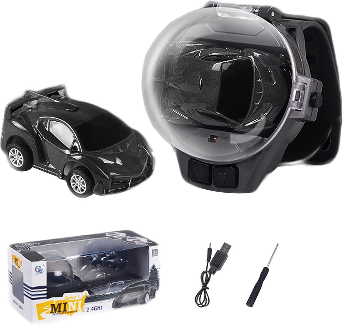 DrPhone MiniCars1 – 2.4 GHz Bestuurbare Mini Auto Voor Kinderen – Bestuurbare Auto Met Horloge Station – Met Horloge Controller – Donker Grijs