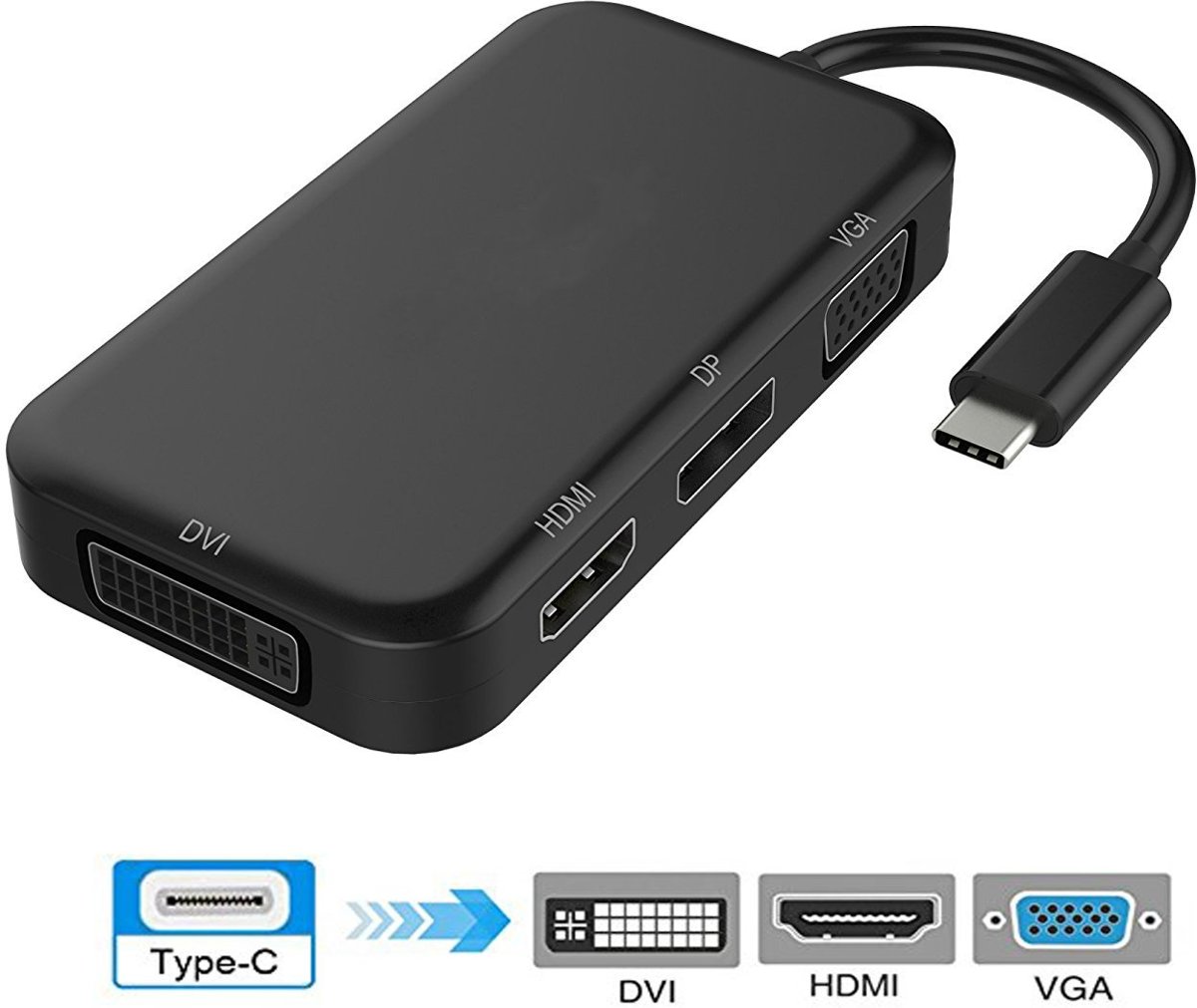 DrPhone Multiport Adapter 4 in 1 – USB C naar HDMI 4K / DisplayPort DP / VGA / DVI / Type C – Switch UHD Digital Converter Hubs voor laptop / Notebook / MacBook Pro 2017 / USB-C Thunderbolt 3 – Zwart