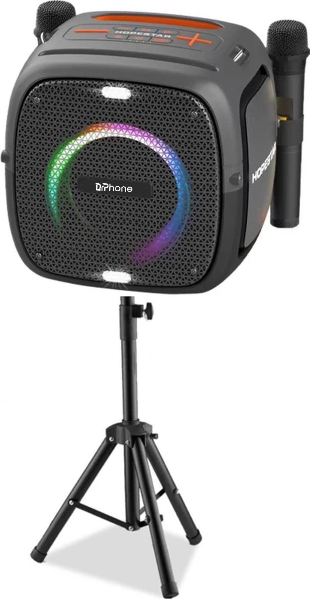 DrPhone SolarFlare – Karaoke Bluetooth Speaker – Partybox - Met Twee Microfoons – Bluetooth 5.0/ Micro-SD / Aux 3.5mm / USB – 80W Speaker – High Power Outdoor Karaoke Speaker – Met RGB Verlichting – Draagbare Speaker - Zwart