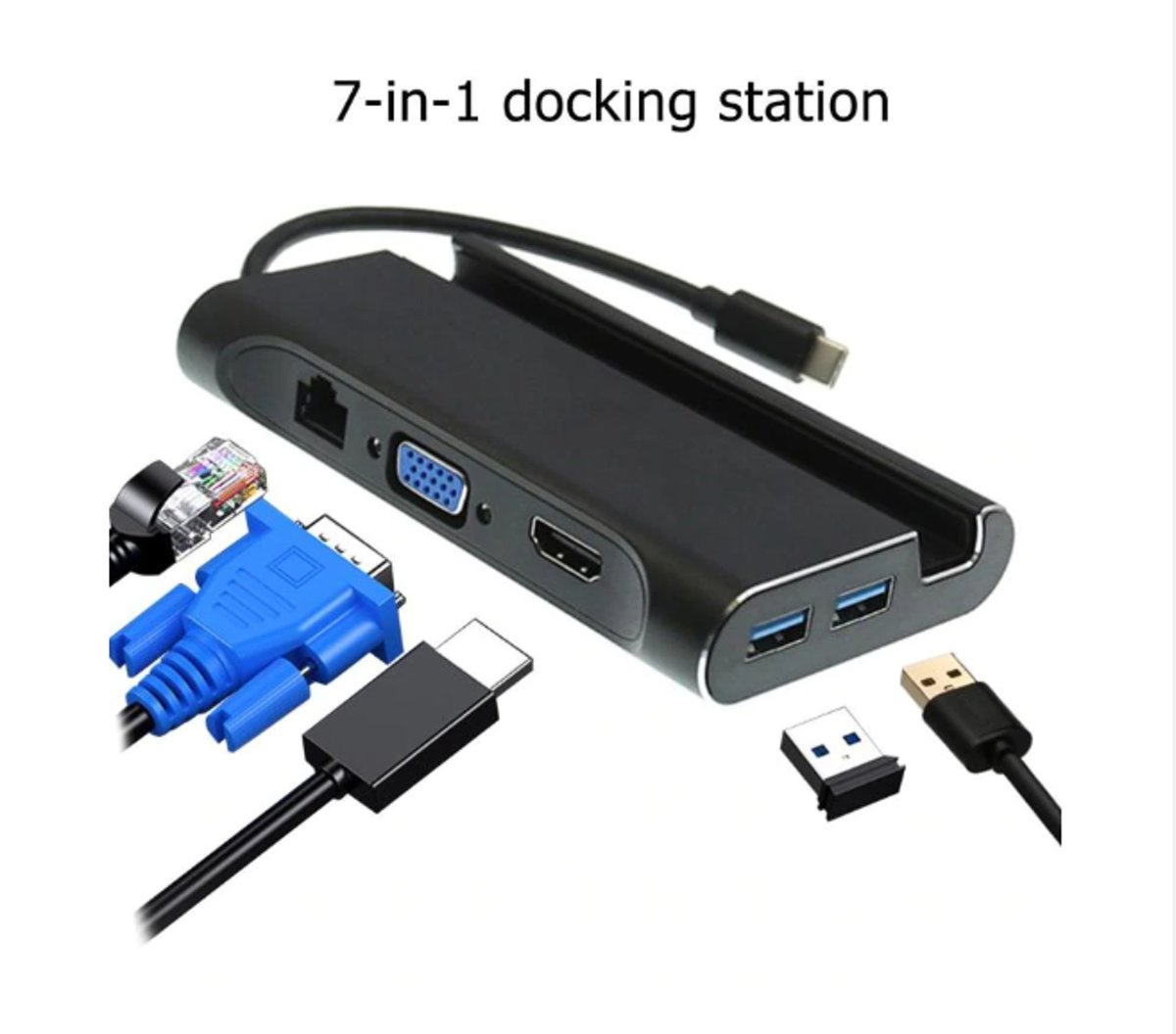 DrPhone Type-C 7 in 1 HuB met standaard Docking– HDMI/VGA /RJ45 1000Mbps /PD /3x USB 3.0 - Zwart