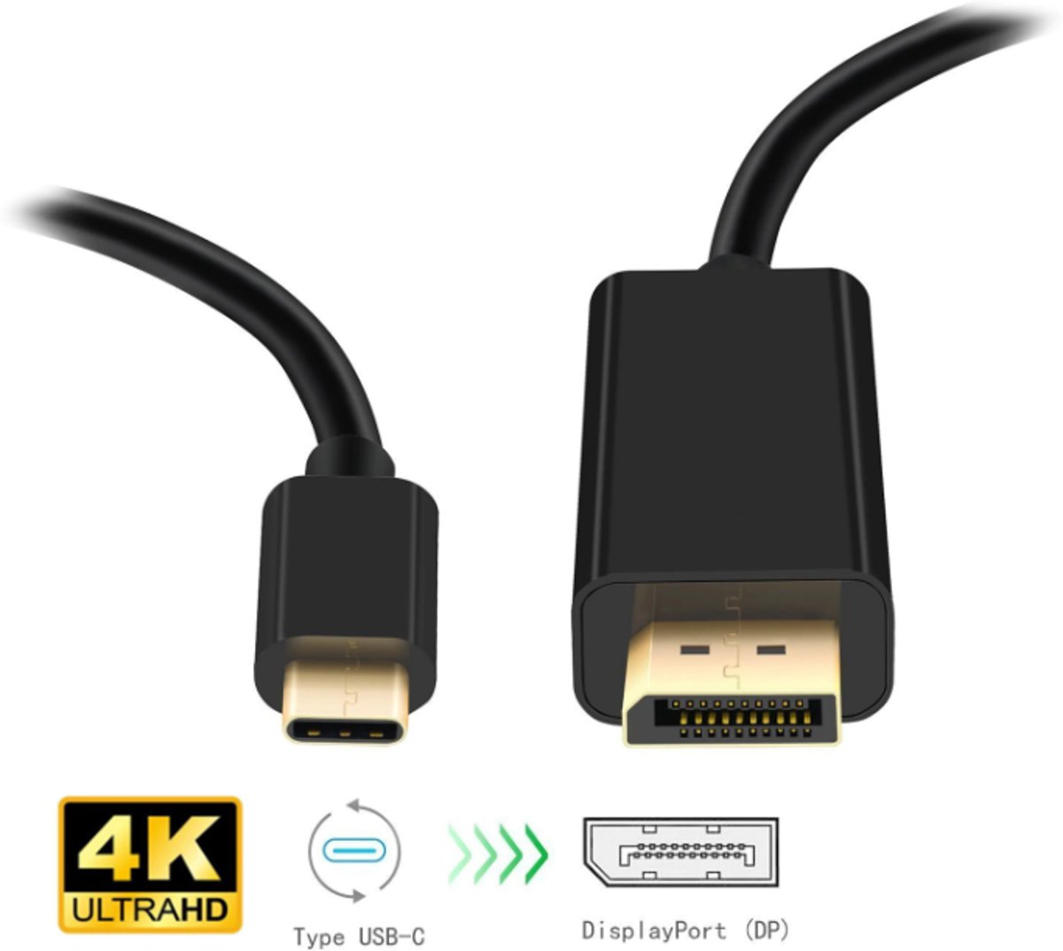 DrPhone USB 3.1 Type C USB-C (Thunderbolt 3) naar Displayport – 4K HDTV Adapter – 60hz – 1.8M - Zwart