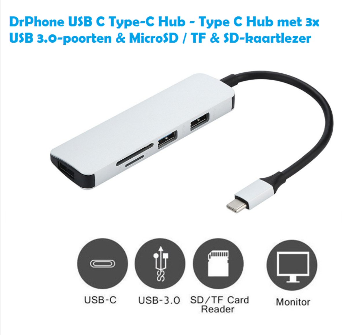 DrPhone USB C Type-C Hub - Type C Hub met 3x USB 3.0-poorten & MicroSD / TF & SD-kaartlezer (zilver, zwart)