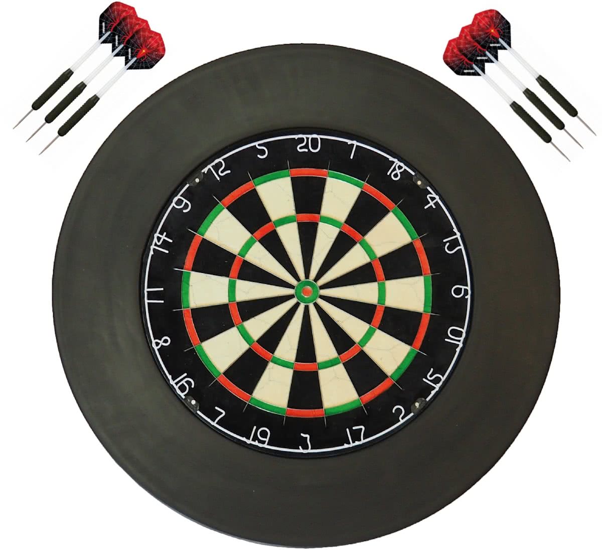 A-merk plain - dartbord - (BEST getest) + surround ring zwart + 2 sets Dragon Spider - dartpijlen