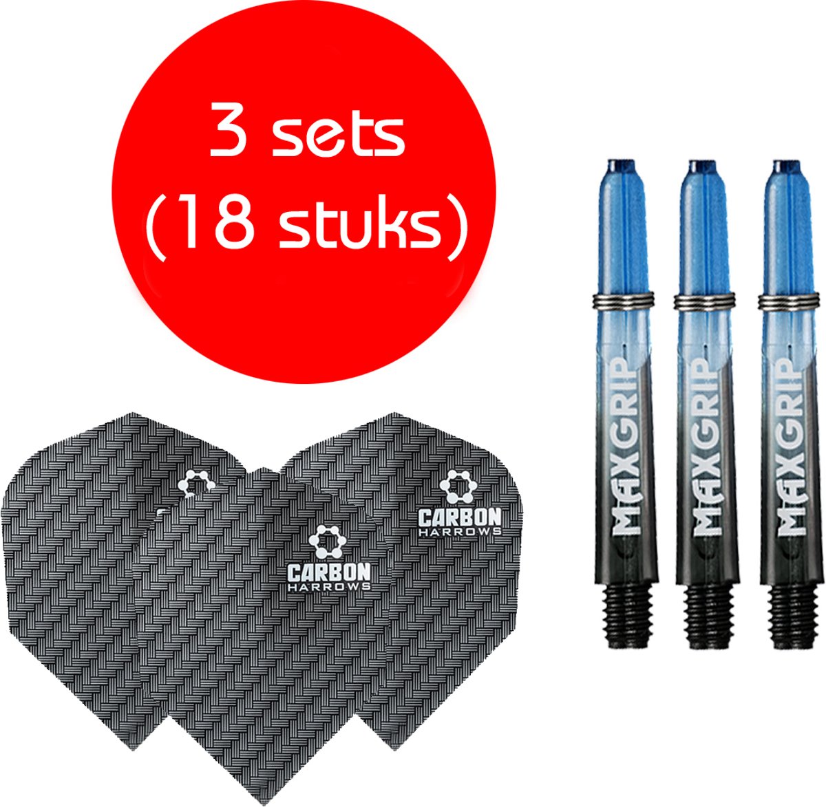 Dragon darts - Maxgrip – 3 sets - darts shafts - zwart-blauw – short – en 3 sets – carbon – darts flights