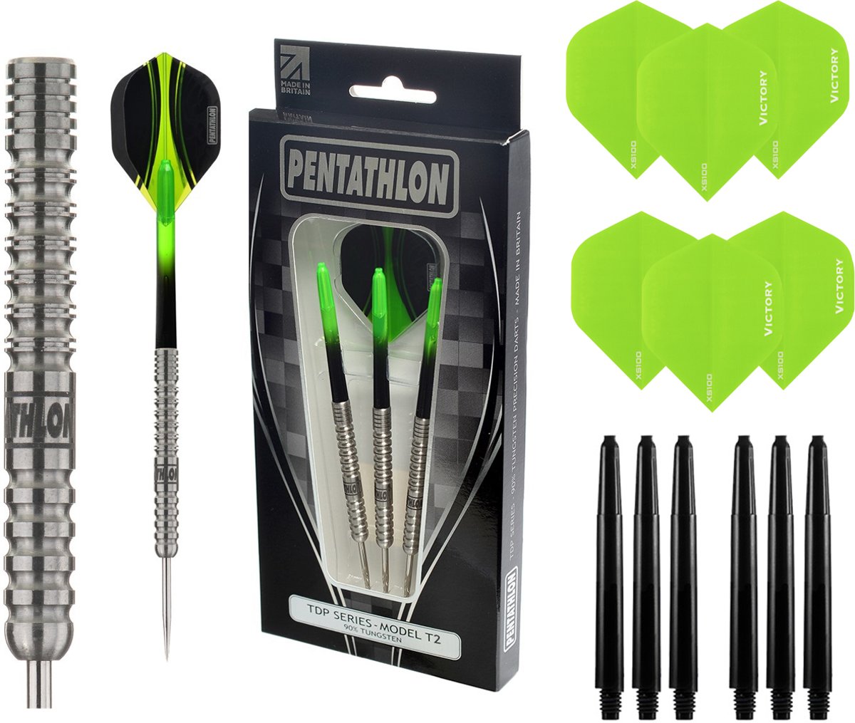 Pentathlon – T2 Groen 22 gram 90% Tungsten – dartpijlen – inclusief bijpassende – darts shafts – en – darts flights