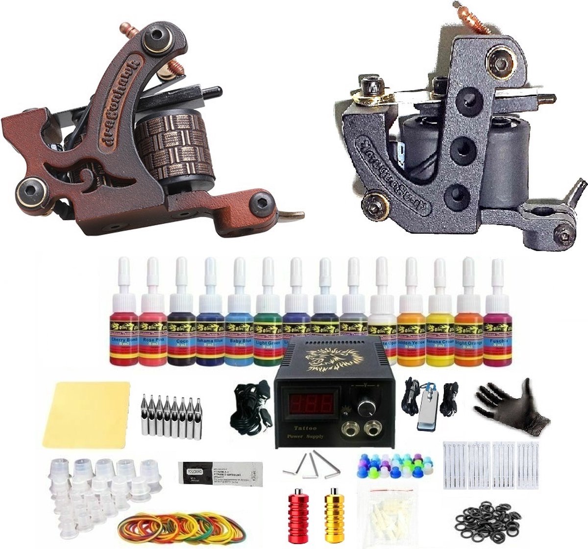 Complete tattoo set met 2 machines, 14 inkt en 20 tatoeage naalden