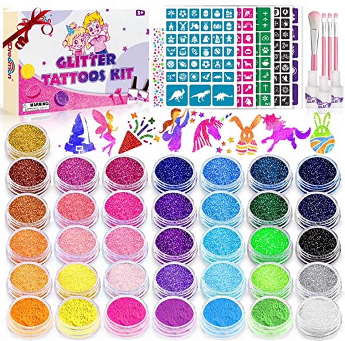 Glitter Tattoo Set Kinderen - 36 kleuren, 207 Patroon Sjablonen, 4 Pinsel, 3 Glitterlijmen - Glitter Make Up voor DIY Feest - Festival Glitters Gezicht, Face Glitter met Huidlijm