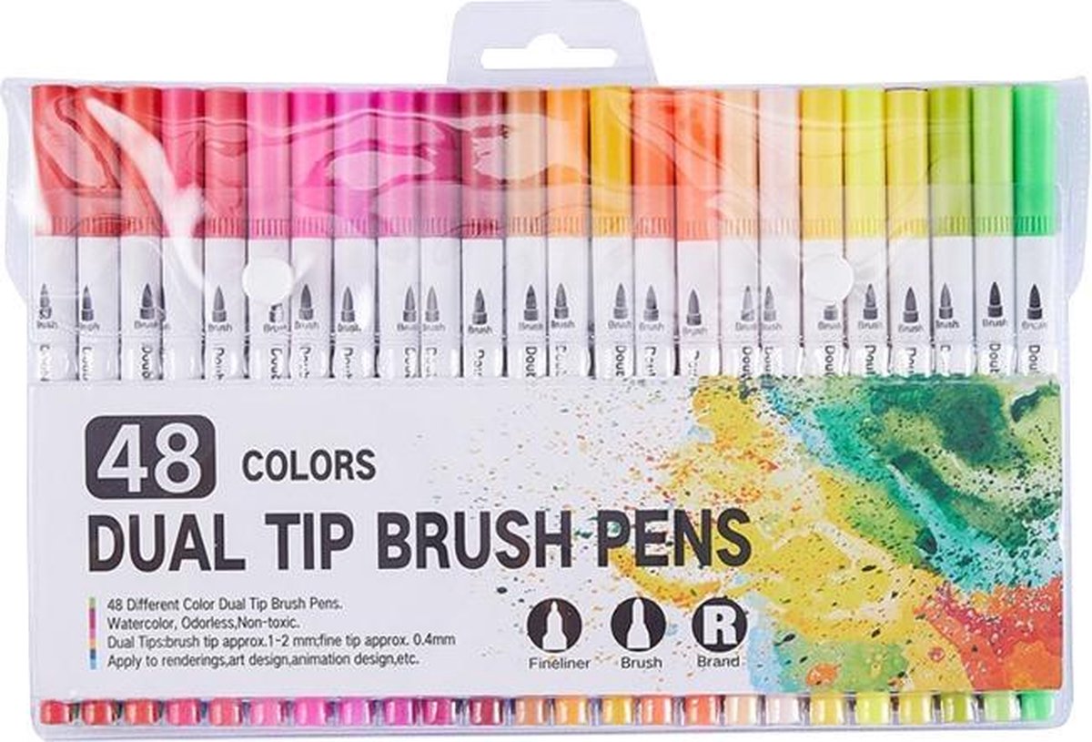 Dual Brush Pennen - 48 Kleuren - Penseelpunt en Fineliner - Twinmarker - Bullet Journal Pennen - Kalligrafie Set